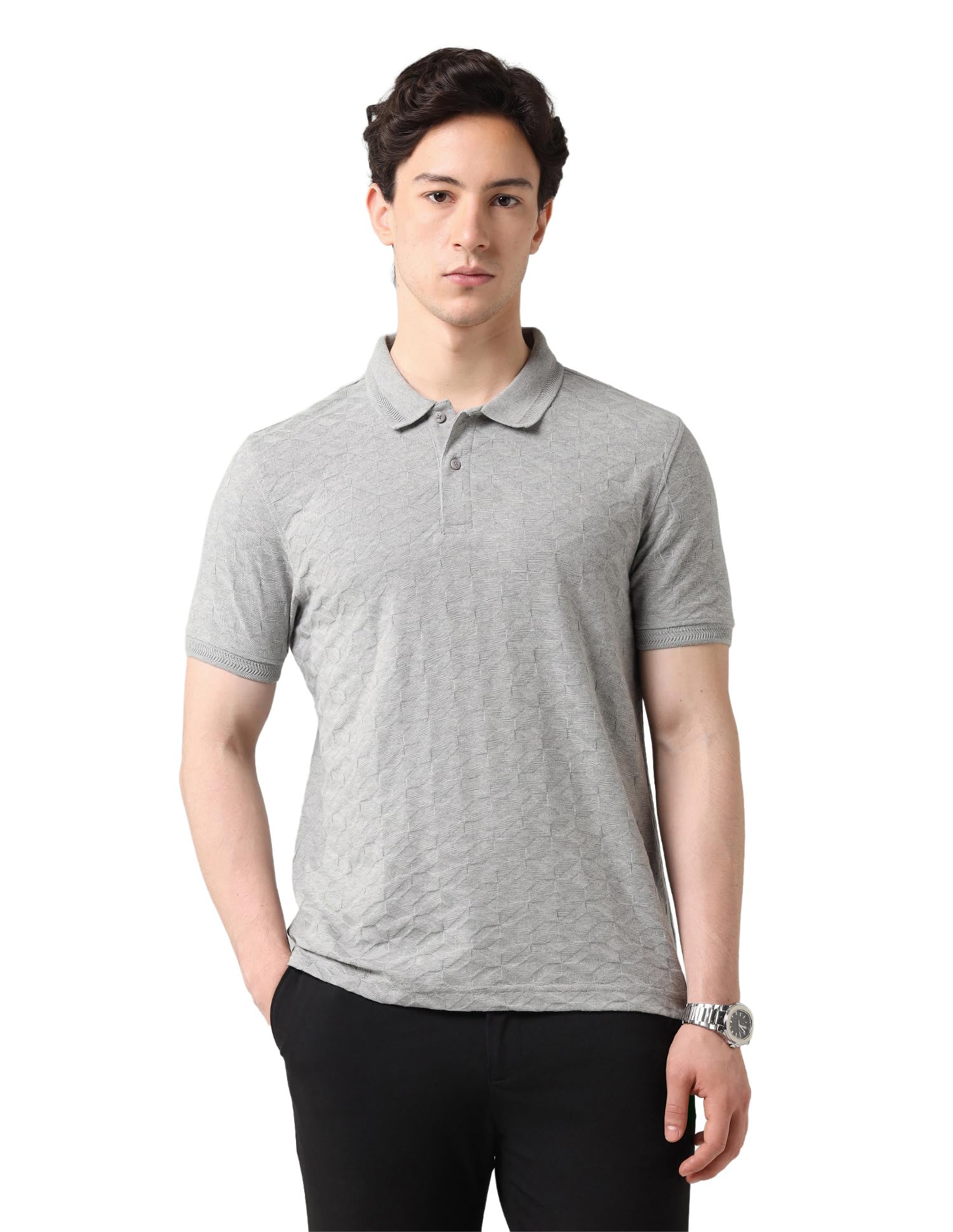 Geometric Patterned Regular Fit Polo Shirt Grey-image-1