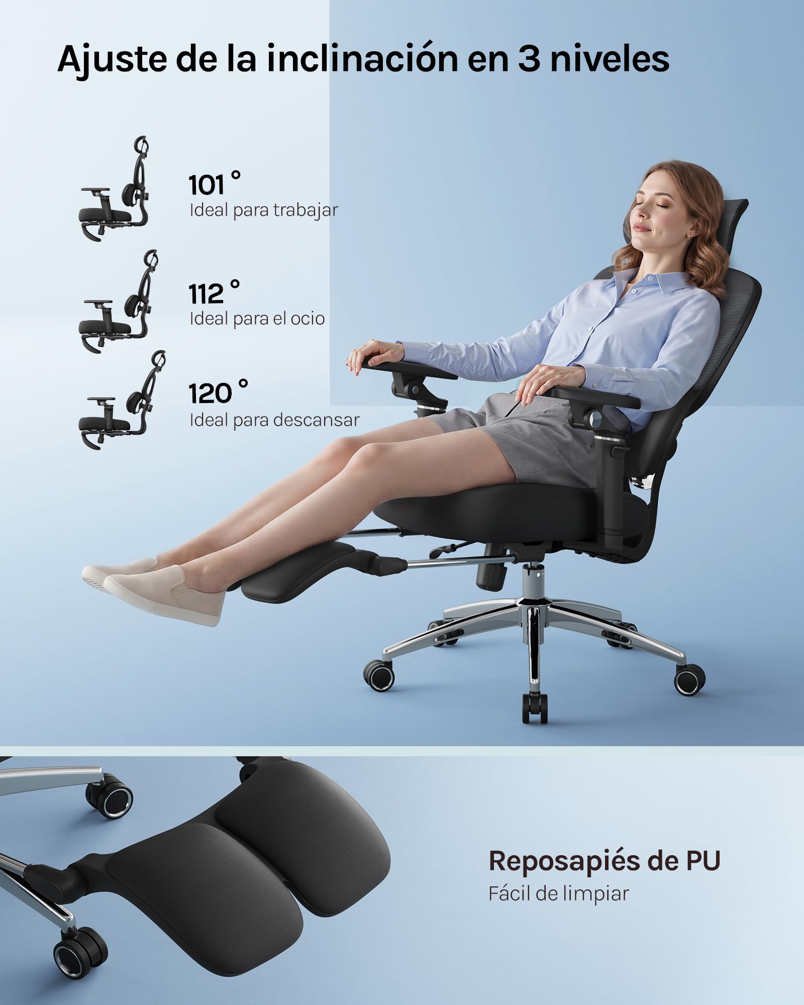 WOLTU Silla de Oficina Ergonómica, Silla Escritorio de Trabajo, Negro | Respaldo Inclinable y Reposapiés, Soporte Lumbar, Reposacabezas 3D, Reposabrazos 6D, en Estudio u Oficina