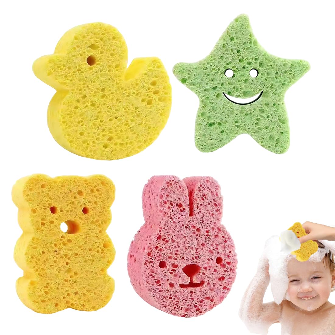 4 Pezzi di Spugne da Bagno per Neonati, Spugne da Bagno per Strofinare, Morbido e Comodo, Delicato e non Irritante, con Forme di Tipo Cartone Animato, 4 Colori diversi