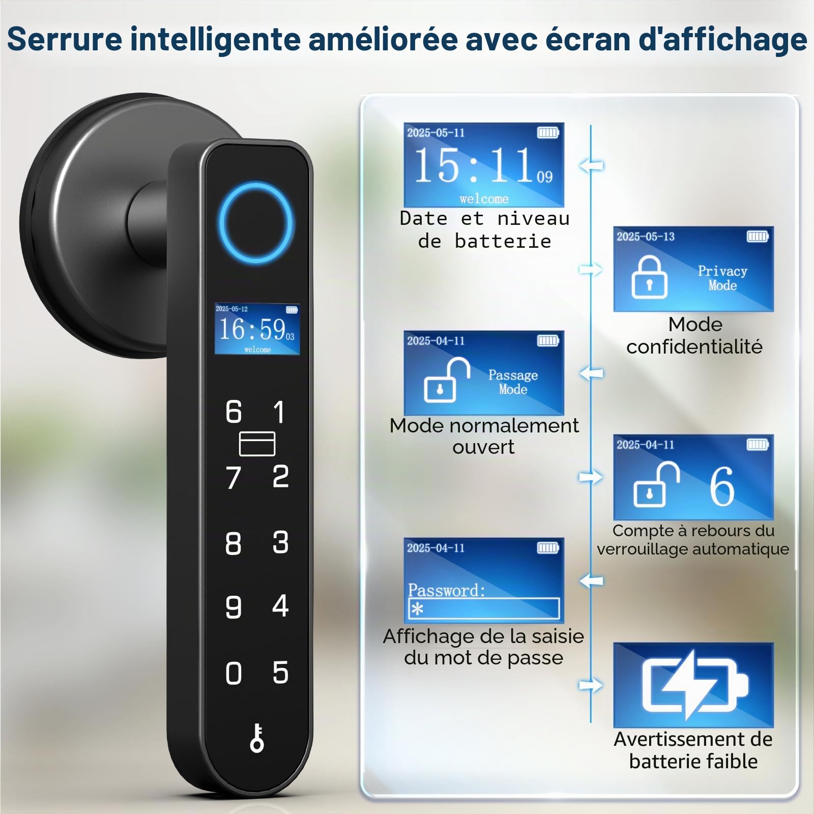 Anweller Serrure de porte intelligente avec écran d'affichage, serrure de porte biométrique à empreintes digitales avec clavier à code APP entrée sans clé serrure intelligente poignée de porte pour