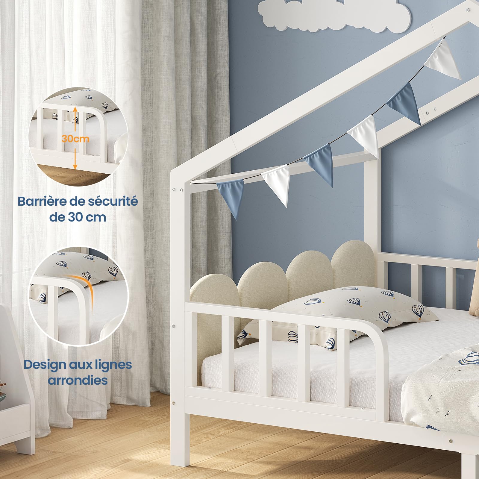 KIMENICH Lit Cabane Enfants 90 X 200 cm, Lit au Sol, Blanc