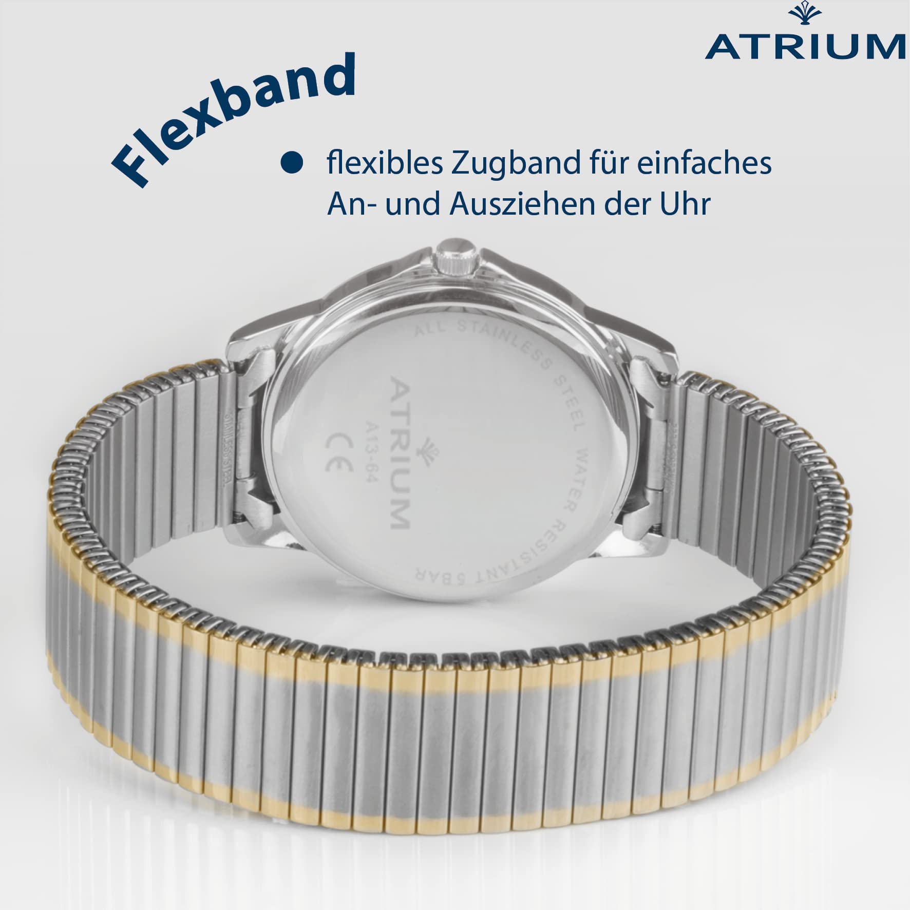 Atrium Damenuhr Zugband mit Leuchtzeigern Analog Quarz Edelstahl matt und poliertem goldfarbenen Rand 5 bar Flexband Bicolor A13-64