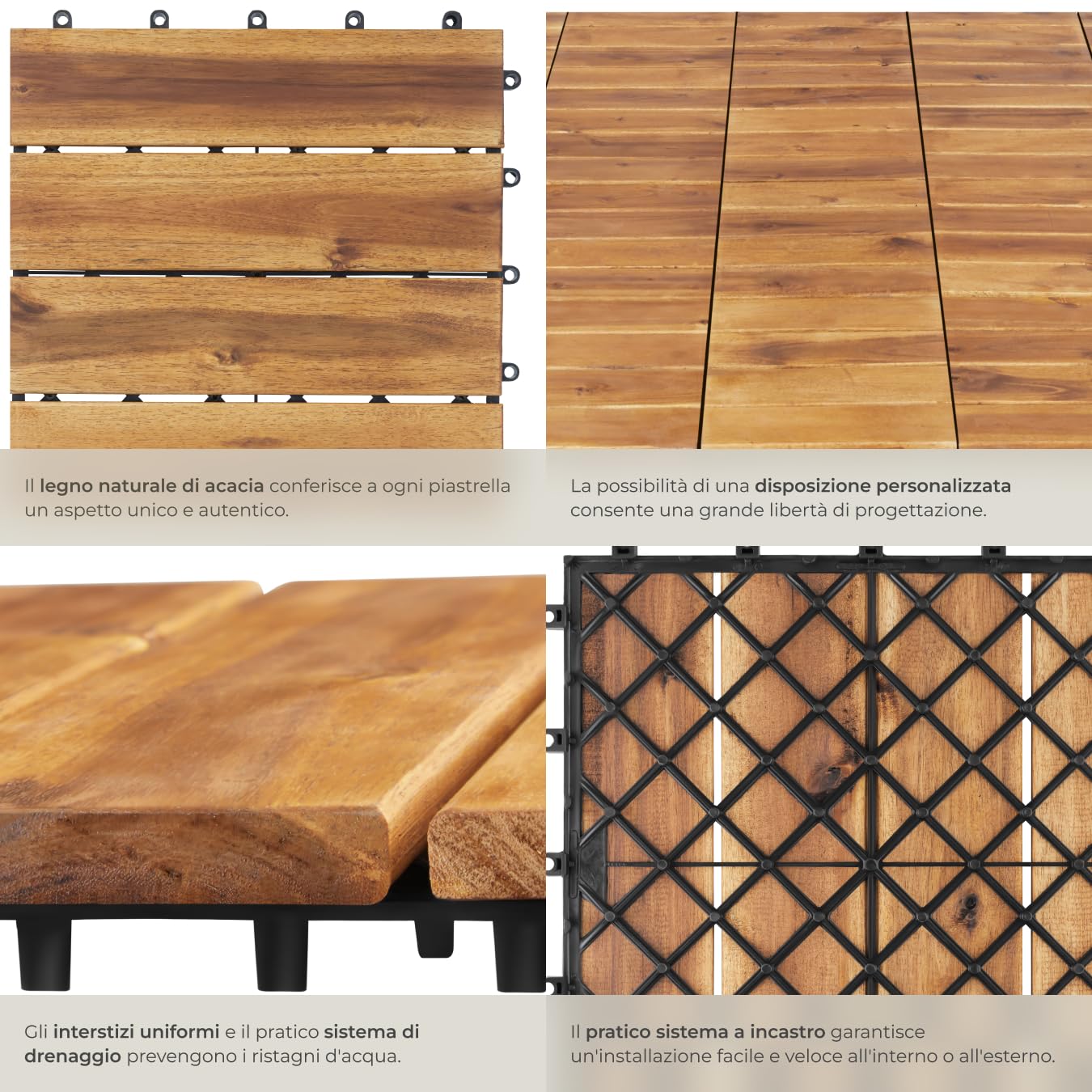 tectake® Set di 40 Piastrelle in Legno di Acacia per Esterno, 31x31 cm, area confezione 3,844 m², 4 Doghe Ciascuna, Sistema a Clic, Pavimento per Terrazza e Balcone, Piastrelle per Giardino