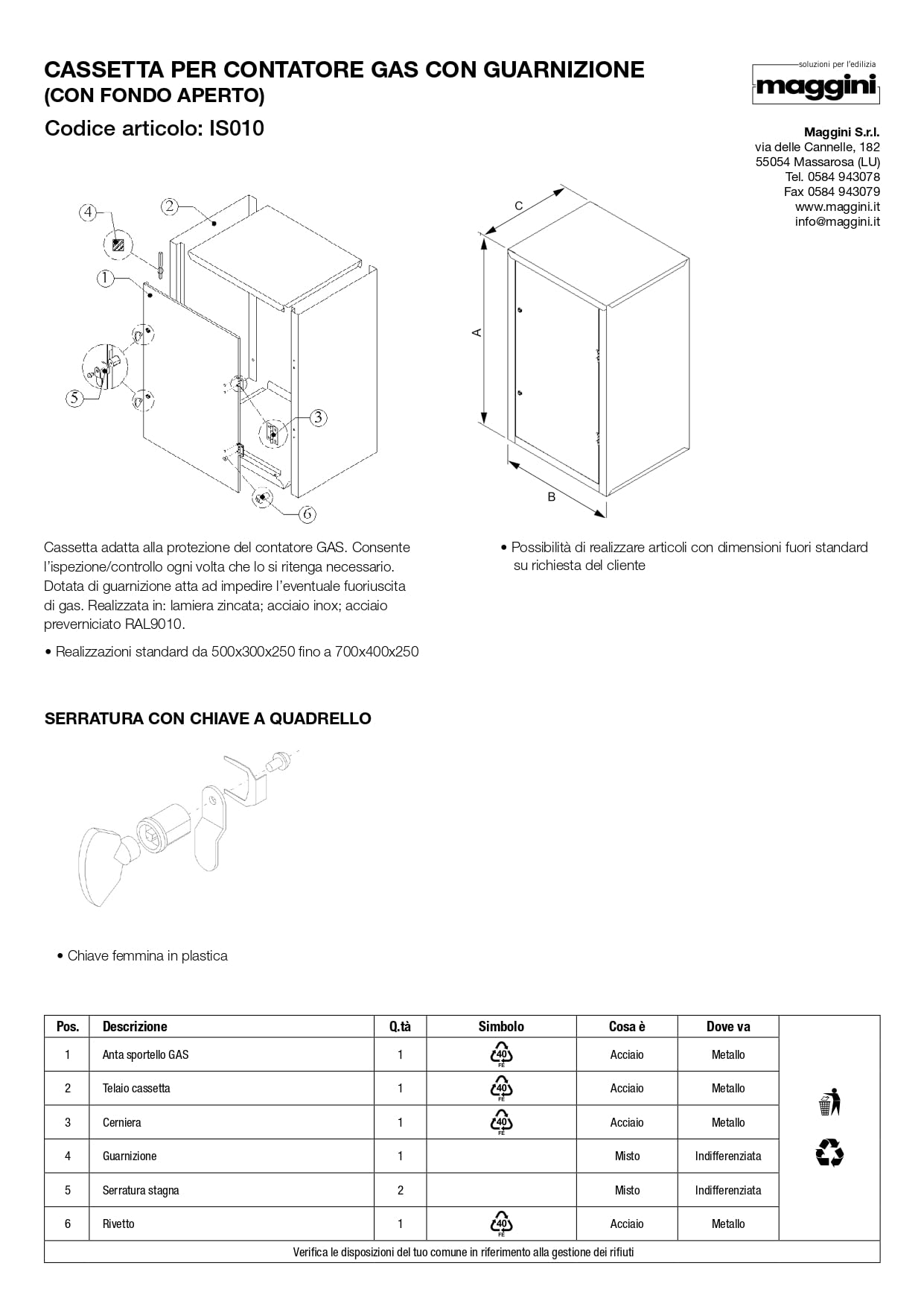CASSETTA PER CONTATORE GAS IN ACCIAIO VERNICIATO BIANCO CON GUARNIZIONE FONDO APERTO(h. 60 x l. 40 x p. 25)