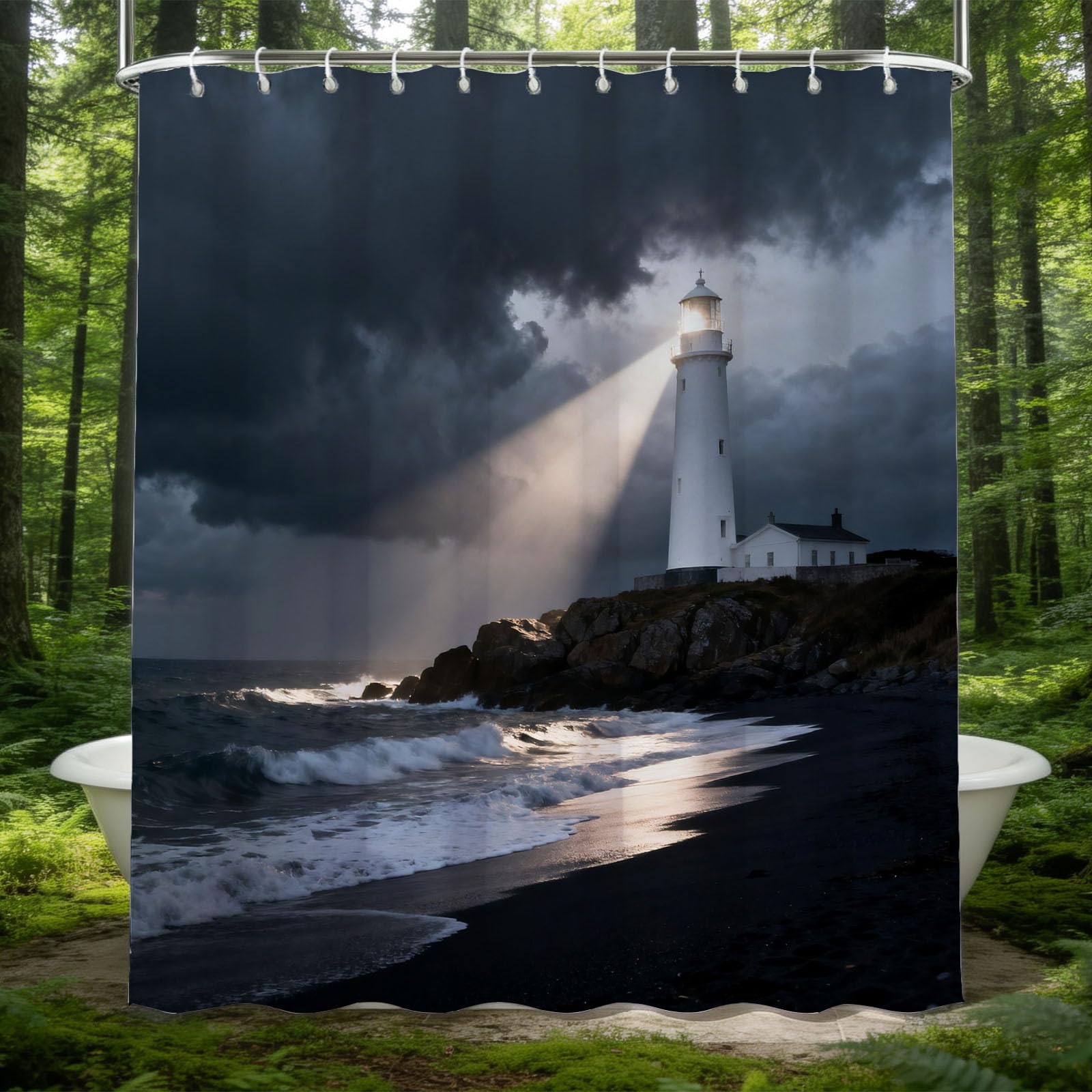 Hongduo 3D Lighthouse Shower Curtain for Stalls Bathtubs Nautical Bathroom Decor Shower Curtain Set Polyester Fabric Waterproof 200x200cm/79X79 Inch with Hooks