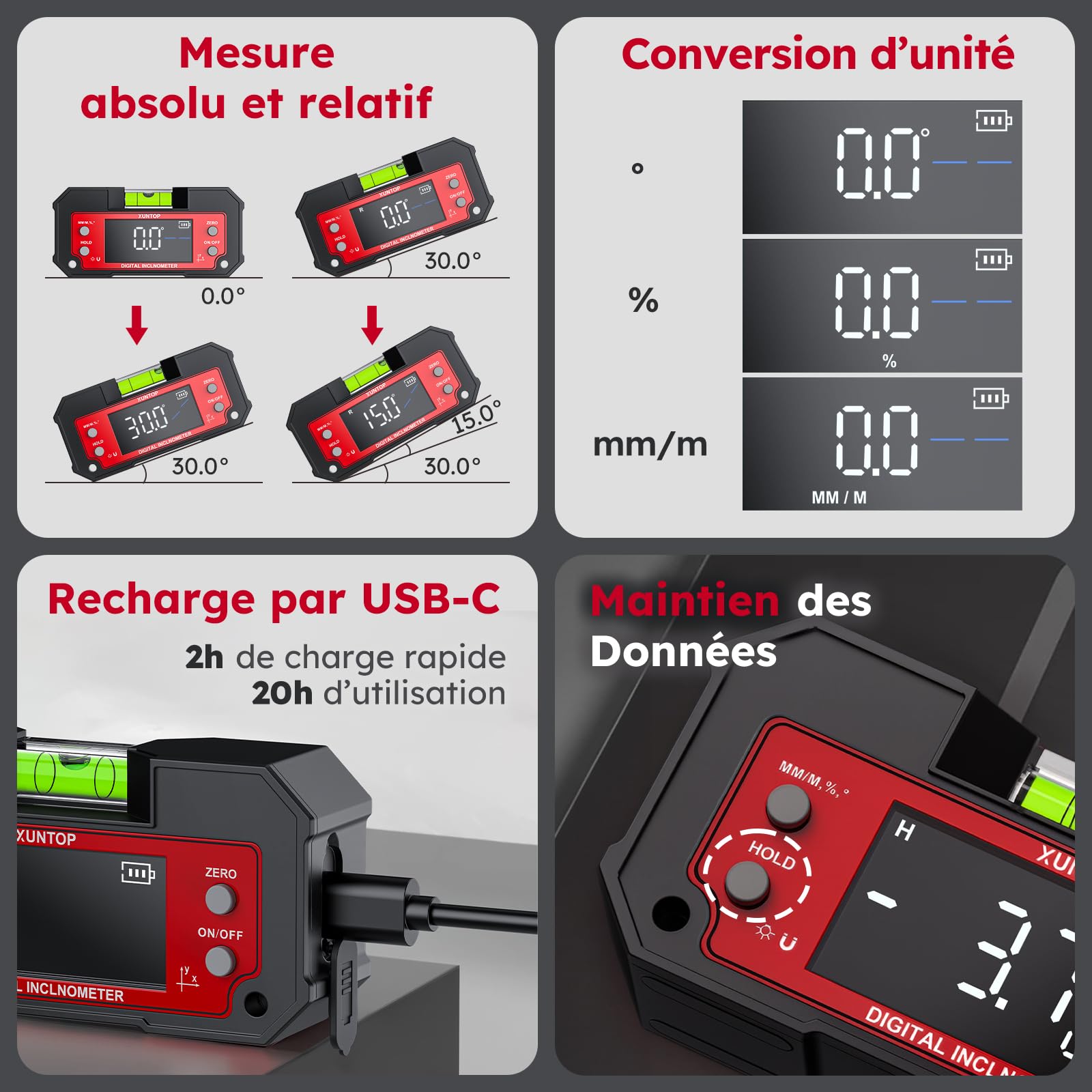 XUNTOP Inclinomètre Numérique Double Axe LED Rechargeable - Niveau Électronique Professionnel à Haute Précision avec Base Magnétique et Niveau à Bulle Intégré pour Chantier, Menuiserie, Bricolage