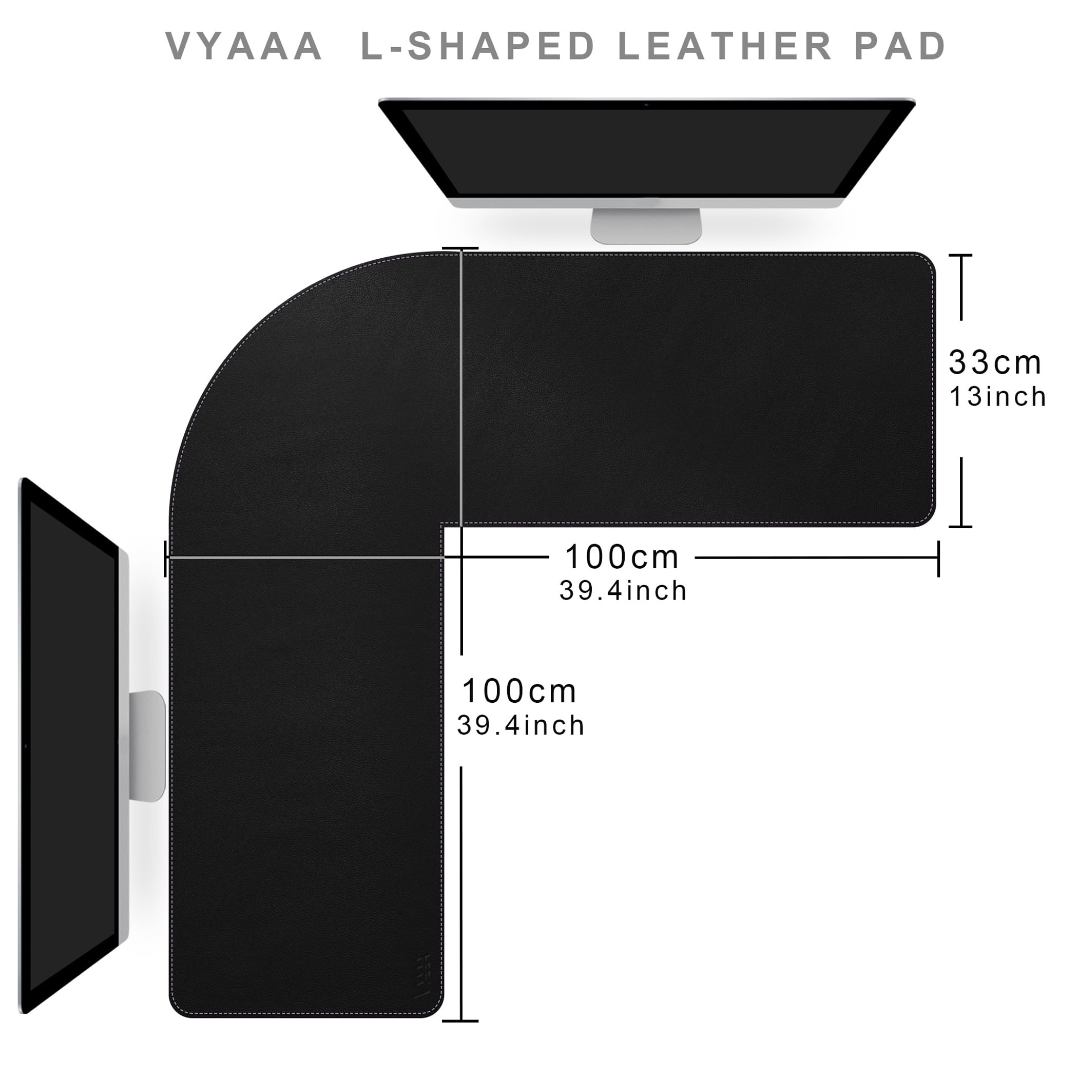 Vyaaa Tapis de bureau d'angle, (100 cm + 100 cm) x 33 cm Tapis de bureau en cuir PU en forme de L, Tapis de bureau d'angle réversible en forme de L, Tapis de souris de jeu XL pour ordinateur, jeux