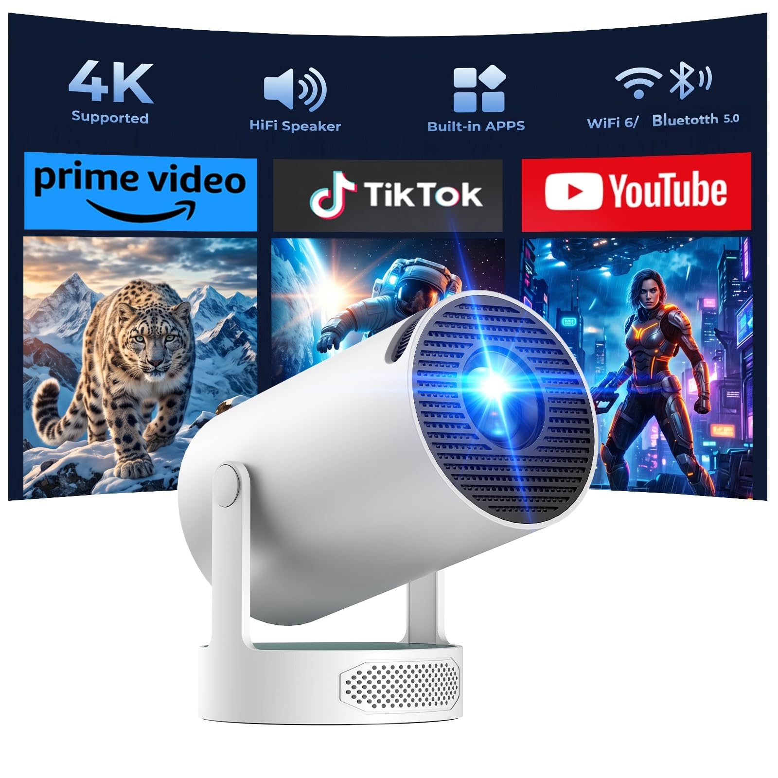 Photo 1 of Mini Projector with WiFi and Bluetooth, 4K Support Portable Movie Projector, 300 ANSI Lumen, Android 11, 220° Rotating Stand, 5W Base Speaker, Auto Vertical Keystone, HDMI/USB Compatible for Bedroom