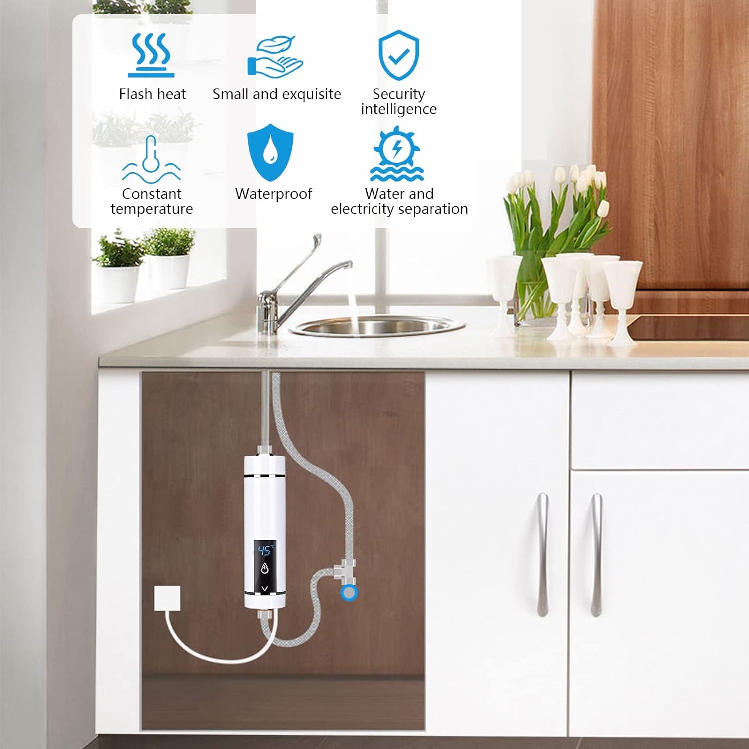 Mini podgrzewacz wody, elektryczny podgrzewacz wody, natychmiastowy podgrzewacz wody, bezzbiornikowy do łazienki, kuchni, wtyczka EU 220 V (biały, 3500 W)