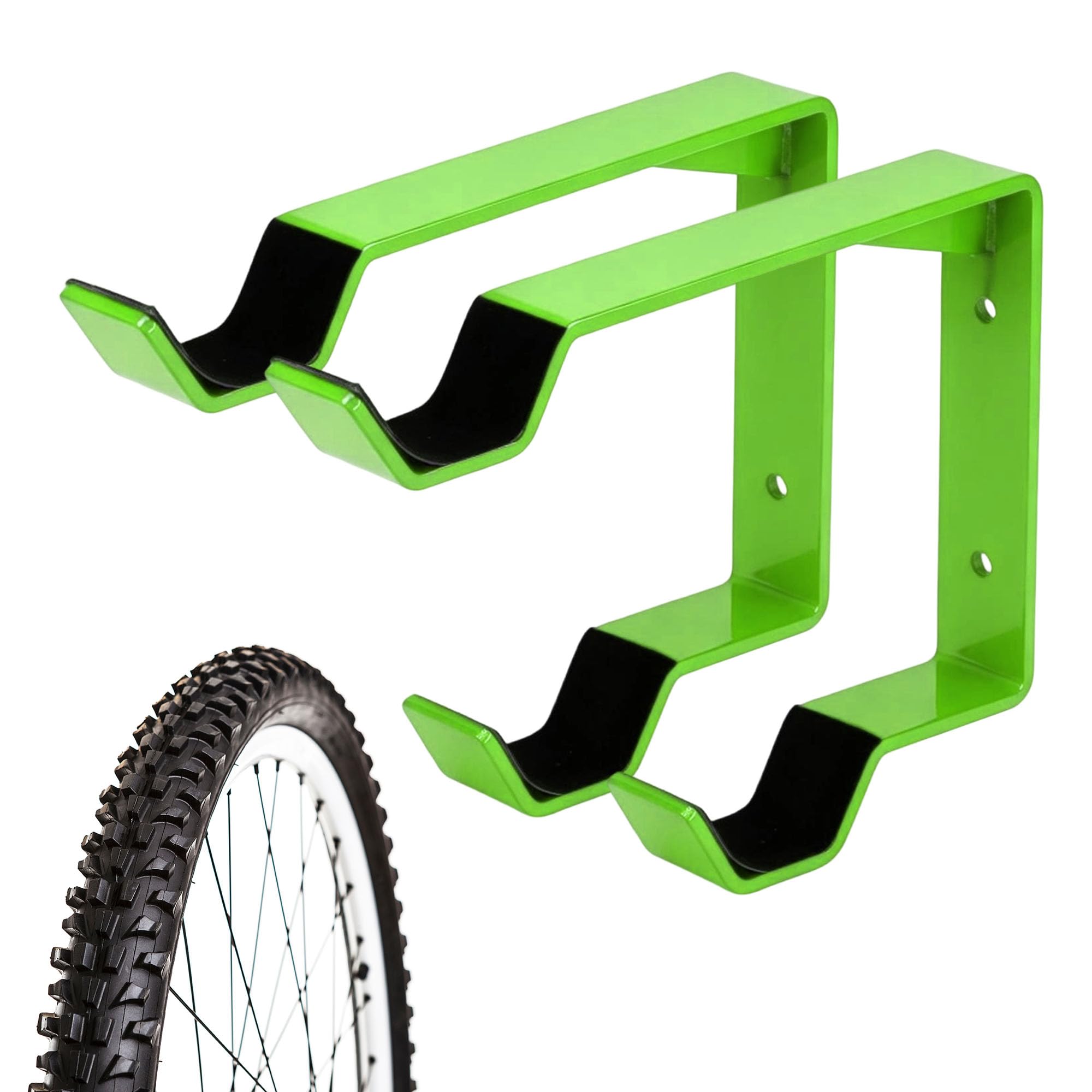 Partuto 2x Bike Wheel Rack Wall Mount, Carbon Steel Bicycle Wheel Holder Wall Mount for Garage Indoor Outdoor, Vertical Bike Tire Hanger Double Bicycle Tire Hook, W/Screw Padding, Green