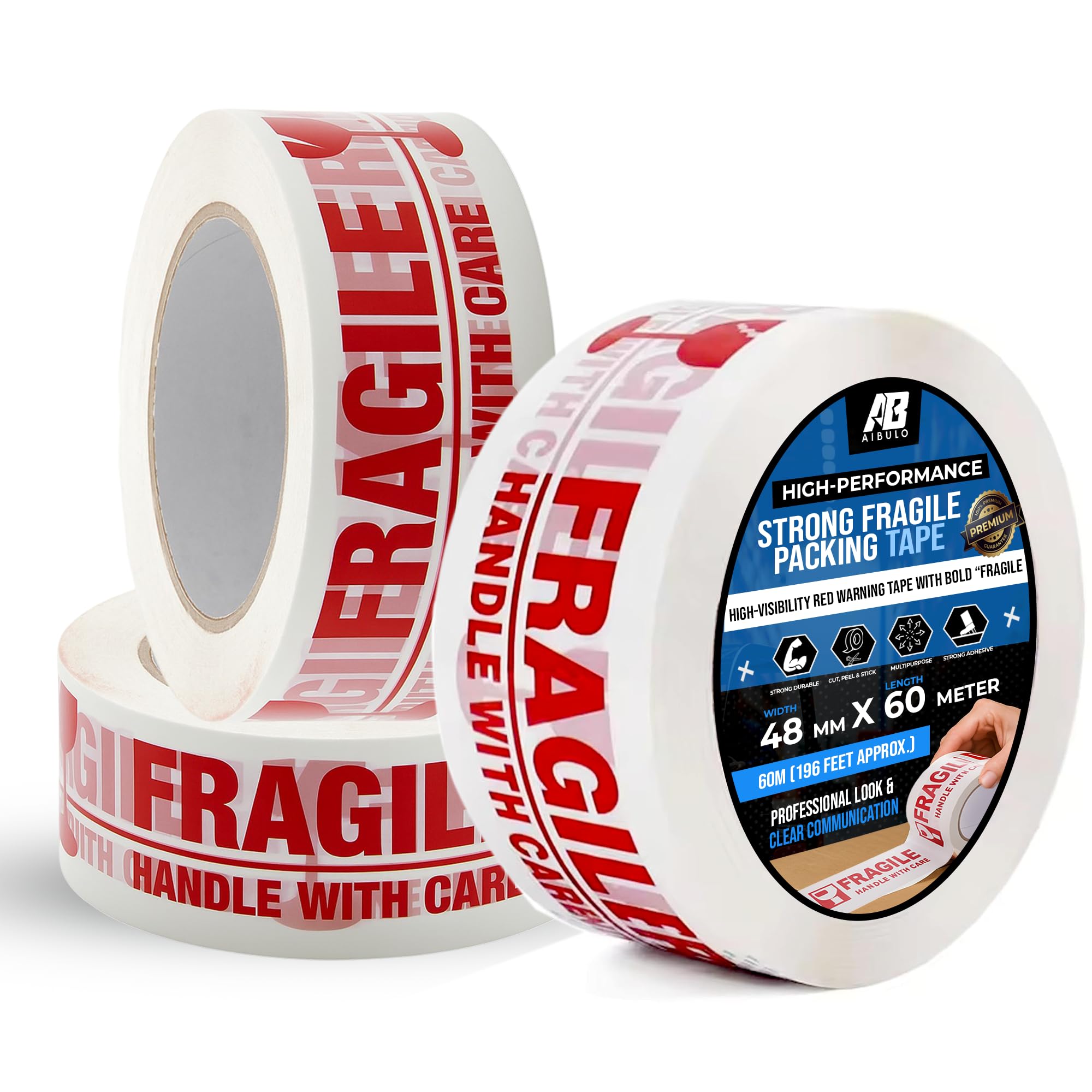 AIBULO Fragile Tape - Pack Of 36 Rolls - 48mm x 66m, Strong Heavy Duty Packaging Tape for Moving, Shipping, and Storage - Secure Sticky Sealing Tape for Parcel Boxes, Cardboard Boxes, and Cartons