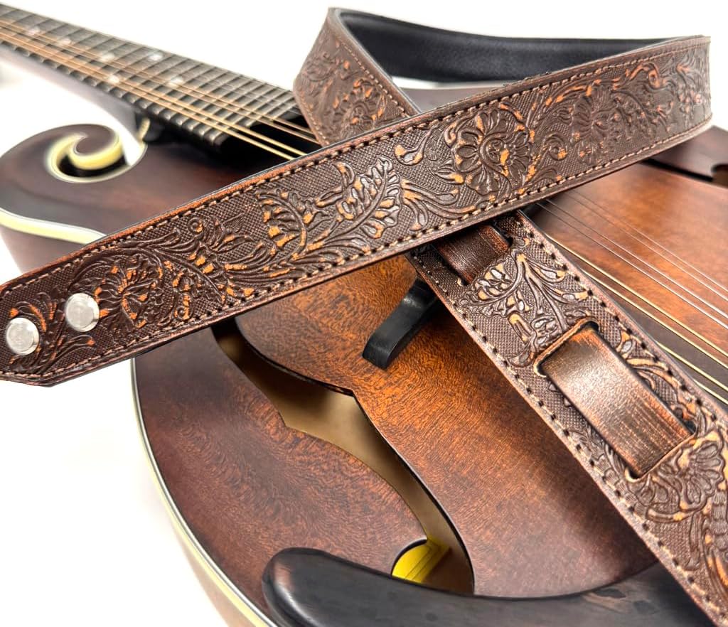Walker And Williams M-21-BRN Bourbon Brown Leather Premium Padded Mandolin Strap With Sheridan Design, For Mandola, Bouzouki or Ukulele. For F And A Type Mandolins
