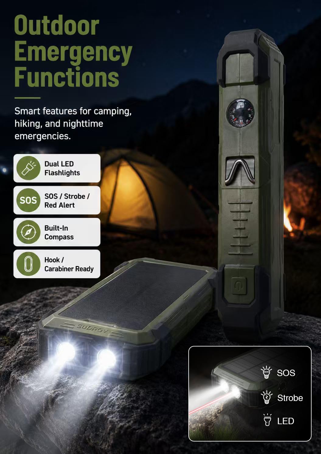 Sudrov Banco de energía solar de 20000 mAh, cargador inalámbrico, regalos para hombres y padres, carga rápida de 15 W, 4 cables integrados, entrada/salida USB-C, cargador solar para iPad, Samsung