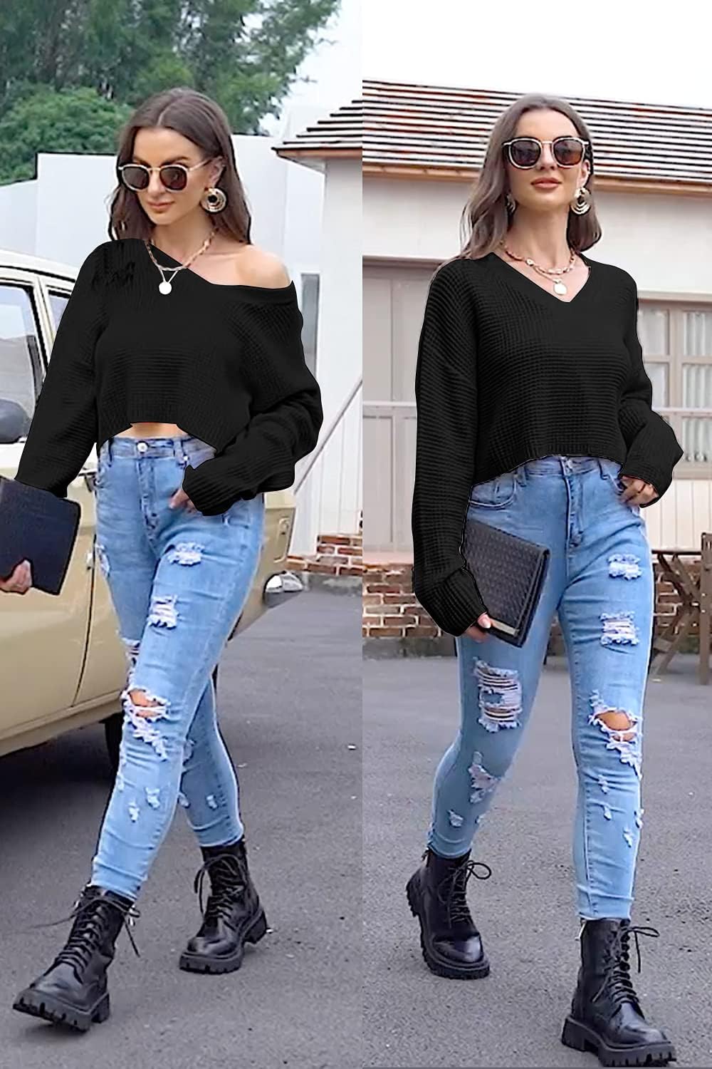 Jumppmile Womens V Neck Waffle Knit Cropped Top Long Sleeve Pullover Crop Sweater - Image 5