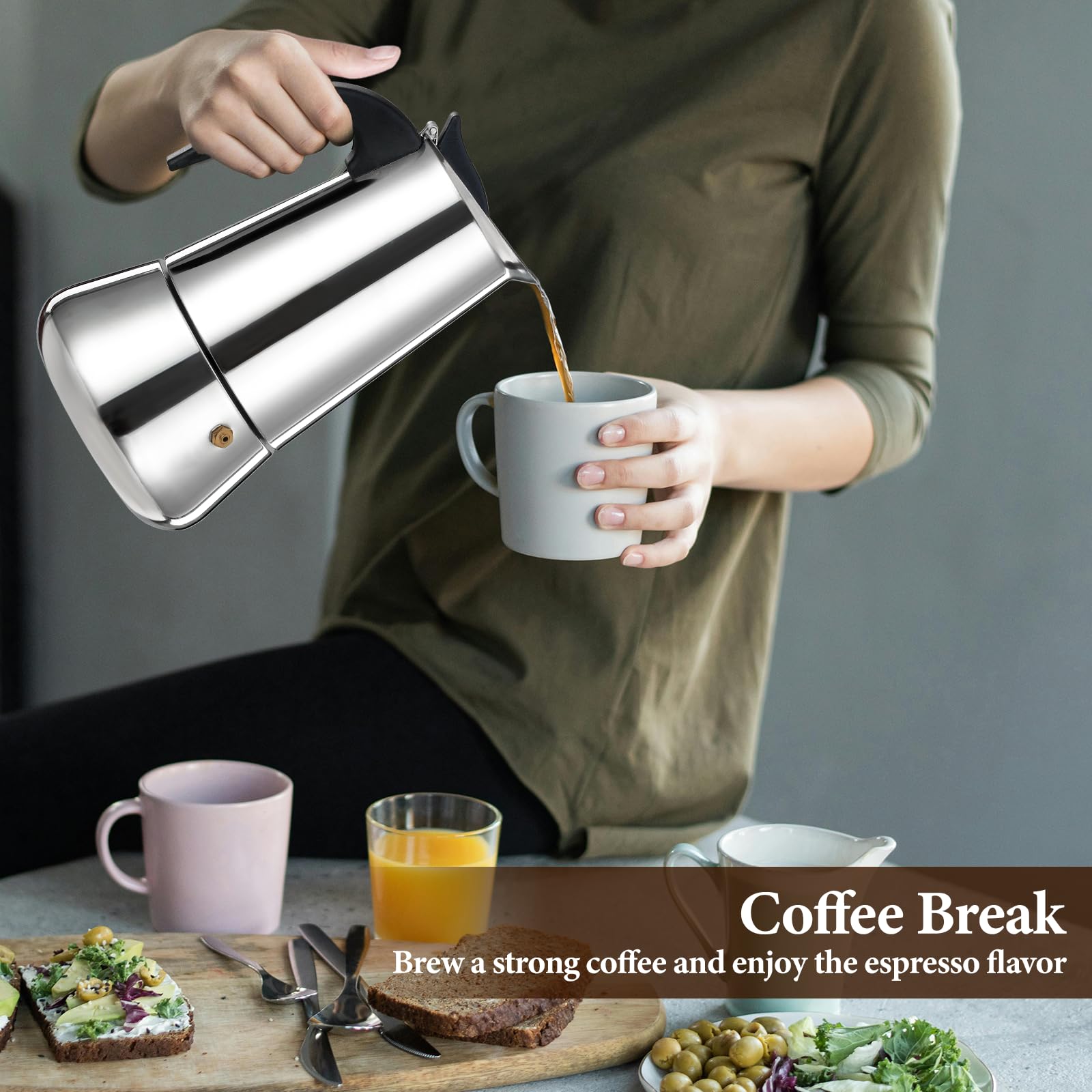 Cafetera italiana para 2 tazas, 100 ml, 3.5 onzas, cafetera espresso de acero inoxidable, cafetera clásica adecuada para cocinas de inducción, estufa de gas, estufa de alcohol, estufa