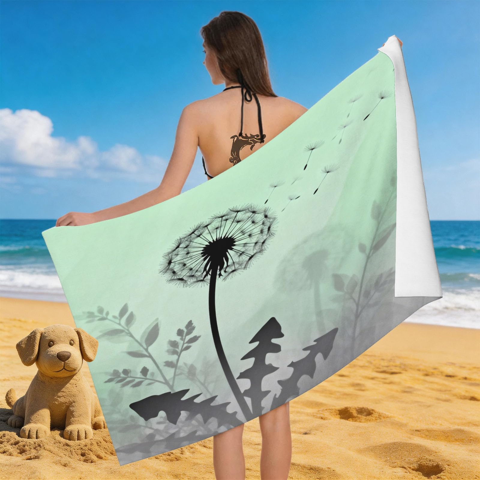 Leichong 3D Dandelion Beach Towel Microfiber Soft Quick Dry for Adults, Chic Bath Towel Lightweight Soft Absorbent for Travel Swimming Pool Sports, 75 x 150 cm