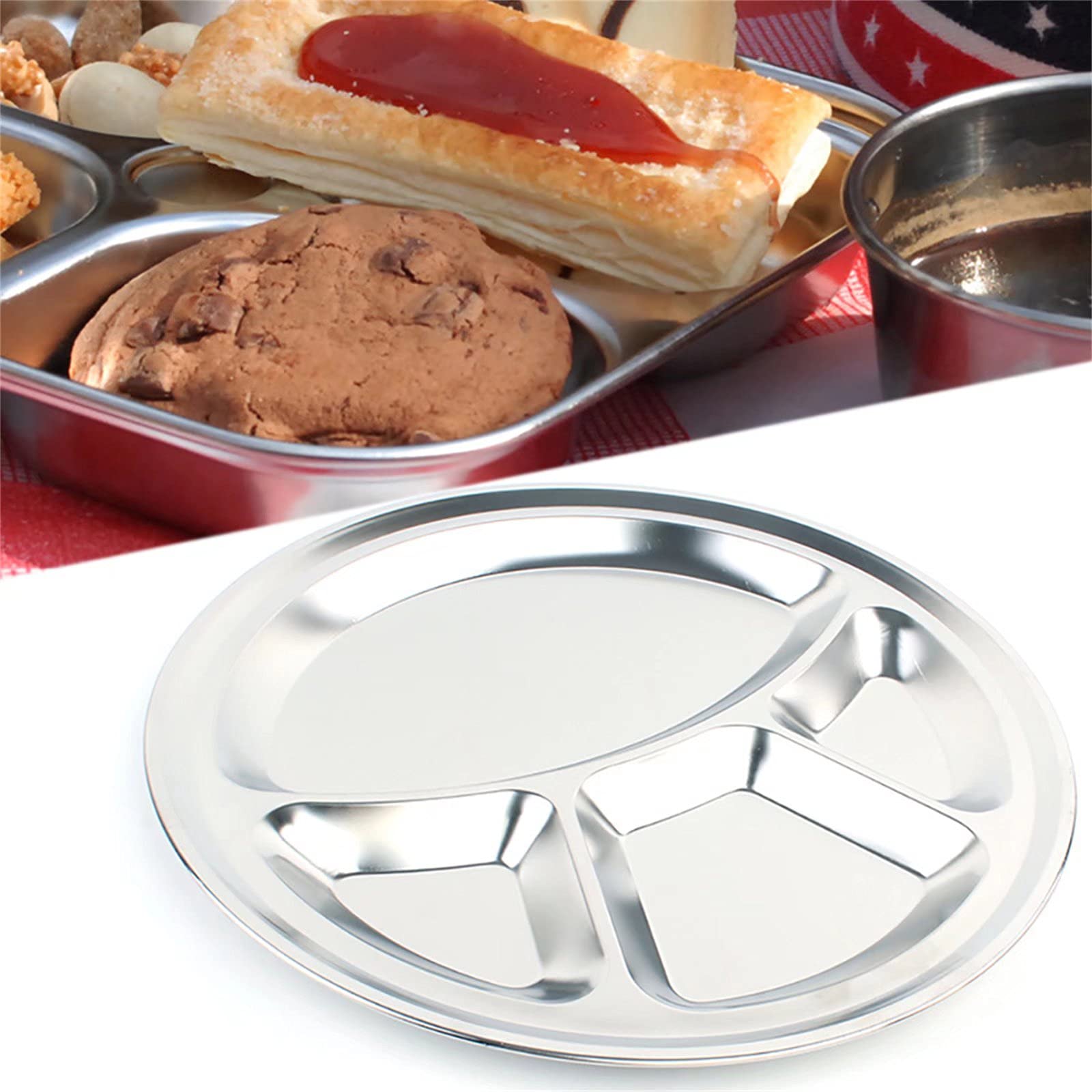 4 Sections Dinner Plate 32cm Stainless Steel Round Divided Plate for Hiking, Camping, Picnic 2 Pcs
