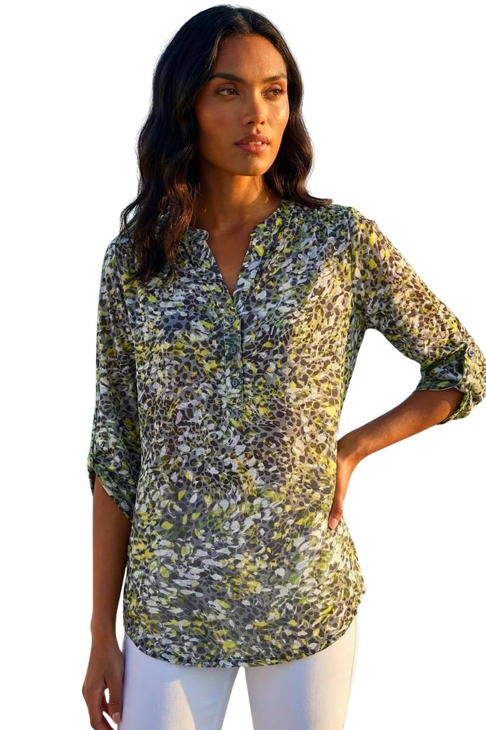 Roman Originals Women's Lime Roman Shirt For Uk Top Collarless Blouse Stretchy Tunic Smart Casual Autumn Winter Jersey 3/4 Length Sleeve Notch V Neck Flattering Office Work - Size 18