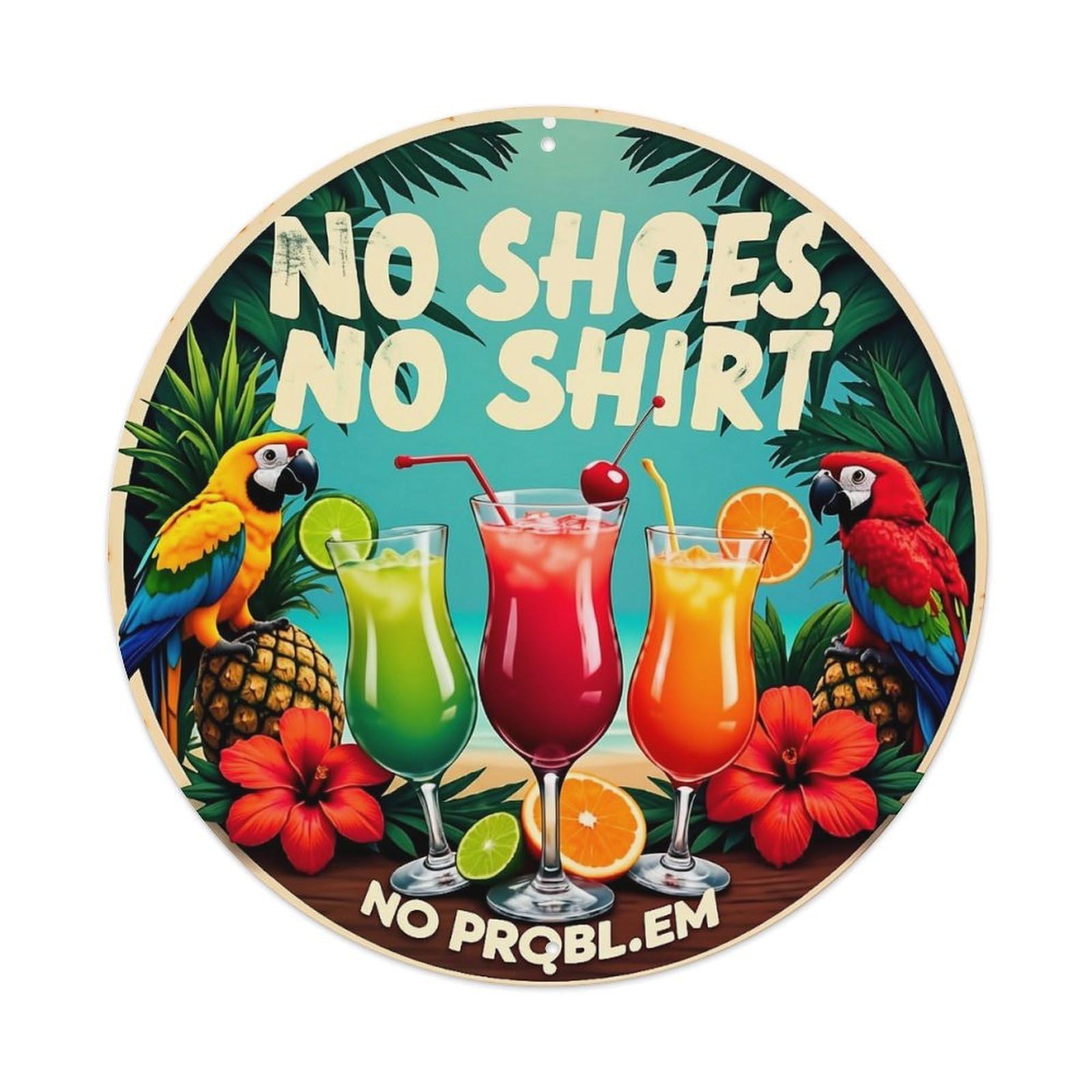 Tropical Cocktails Parrots Flowers Pineapple Retro Metal Sign Round Tin Sign, Vintage Decor Art Poster for Bar, Home, Man Cave, Kitchen, Laundry Room Gift 8x8Inch