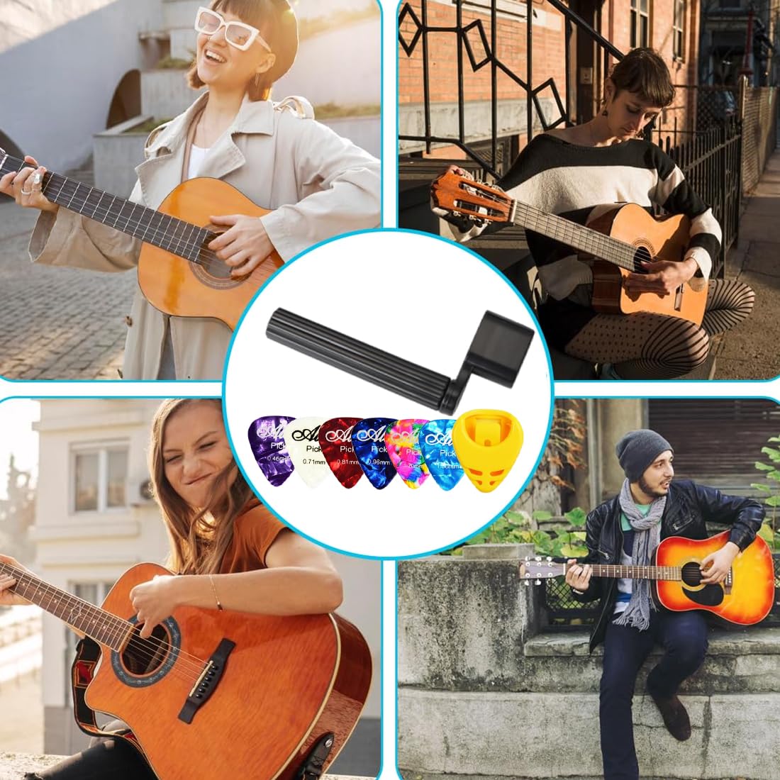 1 Pcs Saitenkurbel mit 6 Plektren Saitenspindel für schnelleres Saiten wechseln, Westerngitarre, Akkustikgitarre, Konzertgitarre und E-Gitarre