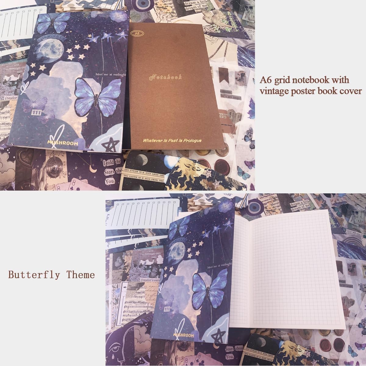 LANLOY 346pcs Journal Supplies Kit Vintage Scrapbook Stickers Art Journaling Bullet Junk Journal Planners DIY Collage Album (New Butterfly) Self-adhesive, Wall,18.2 cm | Paper | Purple 2