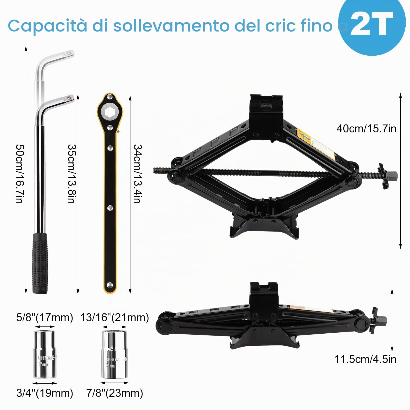NVIYAM Cric Auto 2T, Set Professionale Cric a Forbice con manovella e chiave telescopica per dadi, Kit Di Cric Auto Professionale Cric Portatile per SUV, Camion, Auto