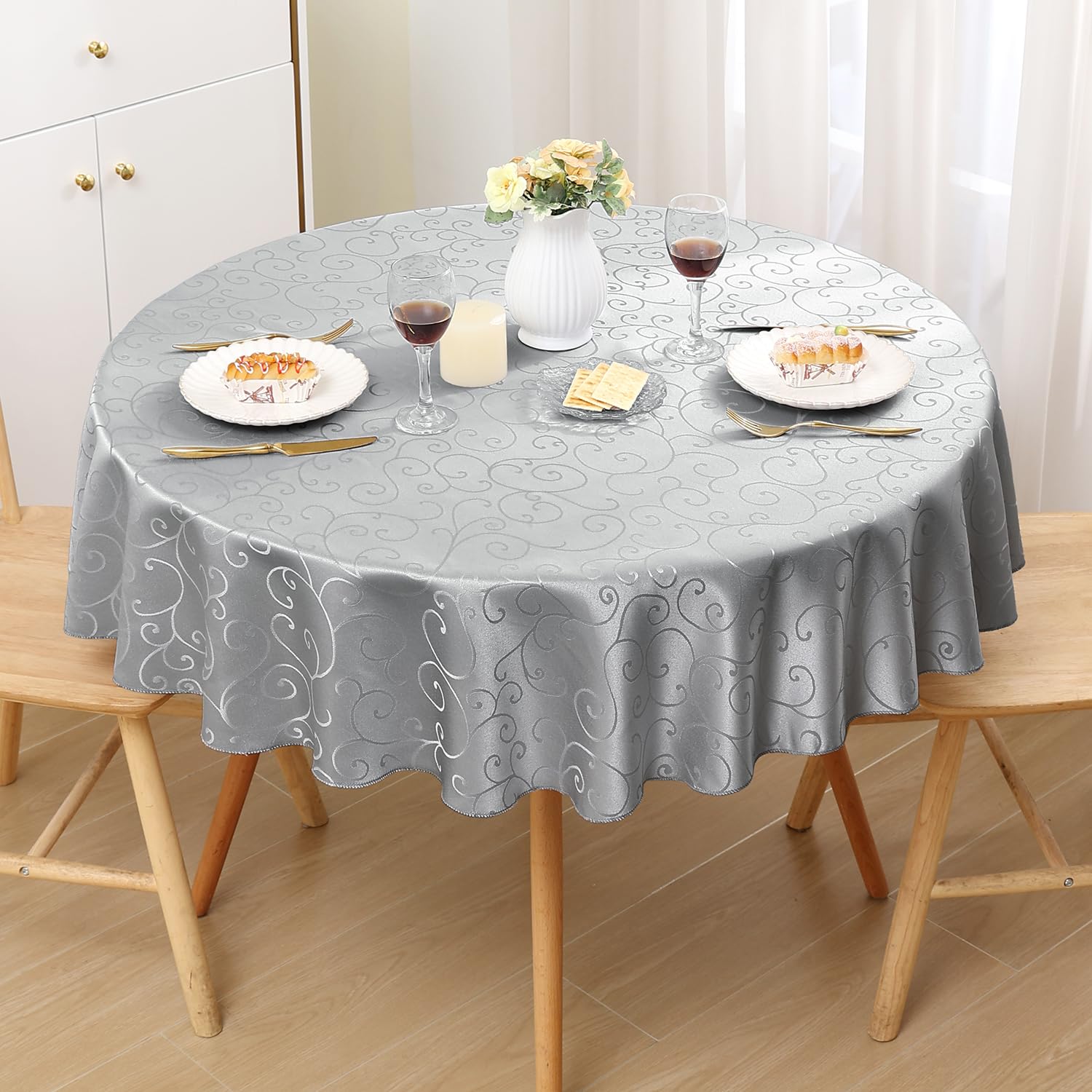 Homaxy Table Cloth Round 150 cm, Washable Polyester Jacquard Tablecloth,  Dust-Proof Table Cover for Kitchen Dinning Indoor Decoration, Grey –  BigaMart, image size:1500x1500