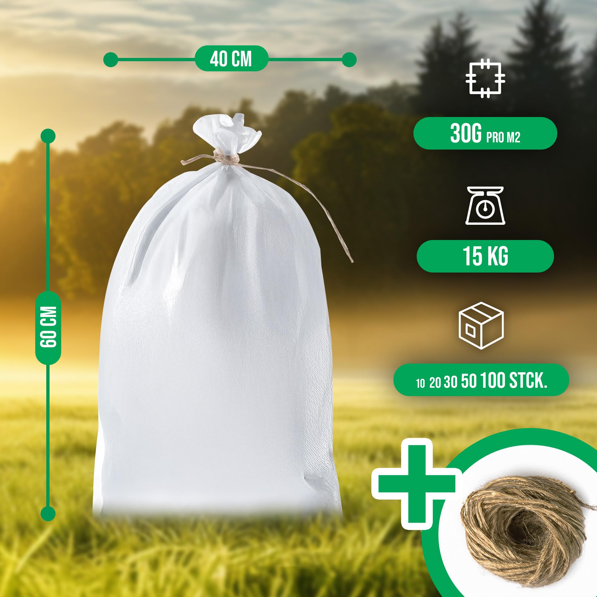 Hochwasser Sandsäcke zum Befüllen 50 Stück | PP Gewebesack 40x60 cm | Sandsack Wasserschutz weiß | Gartensack mit Bindegarn für bequemes, sicheres Verschließen | reißfest