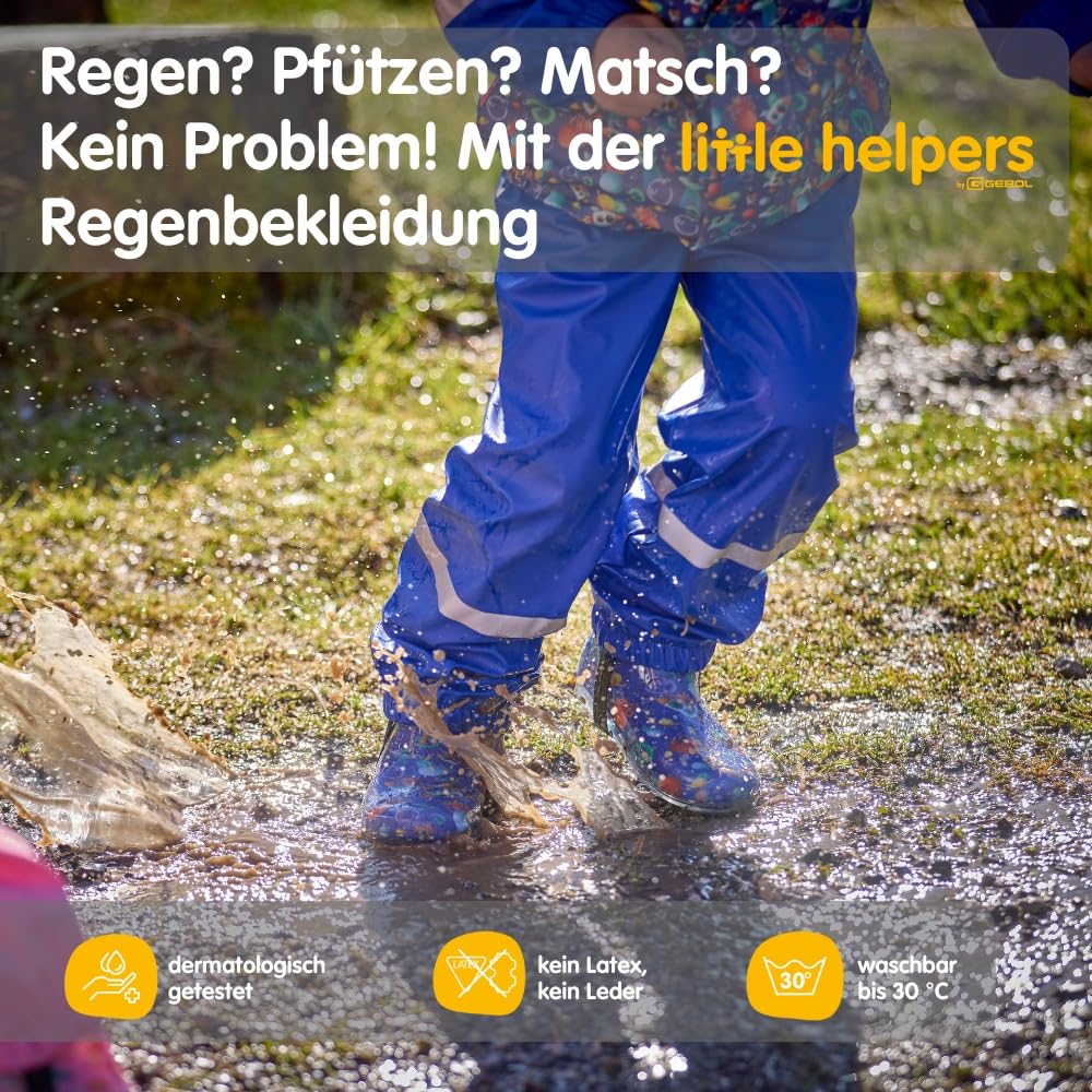 Gebol Kinder Regenhose wasserdicht mit Hosenträgern – leichte robuste Outdoor Regenhose mit Reflektoren für Mädchen & Jungen – Matschhose „Little Helpers”
