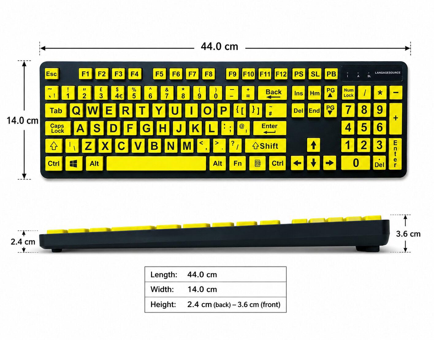 Grande tastiera di stampa, layout inglese in lingua inglese, tastiere USB cablate per computer tasti gialli per ipovedenti e ipovedenti.