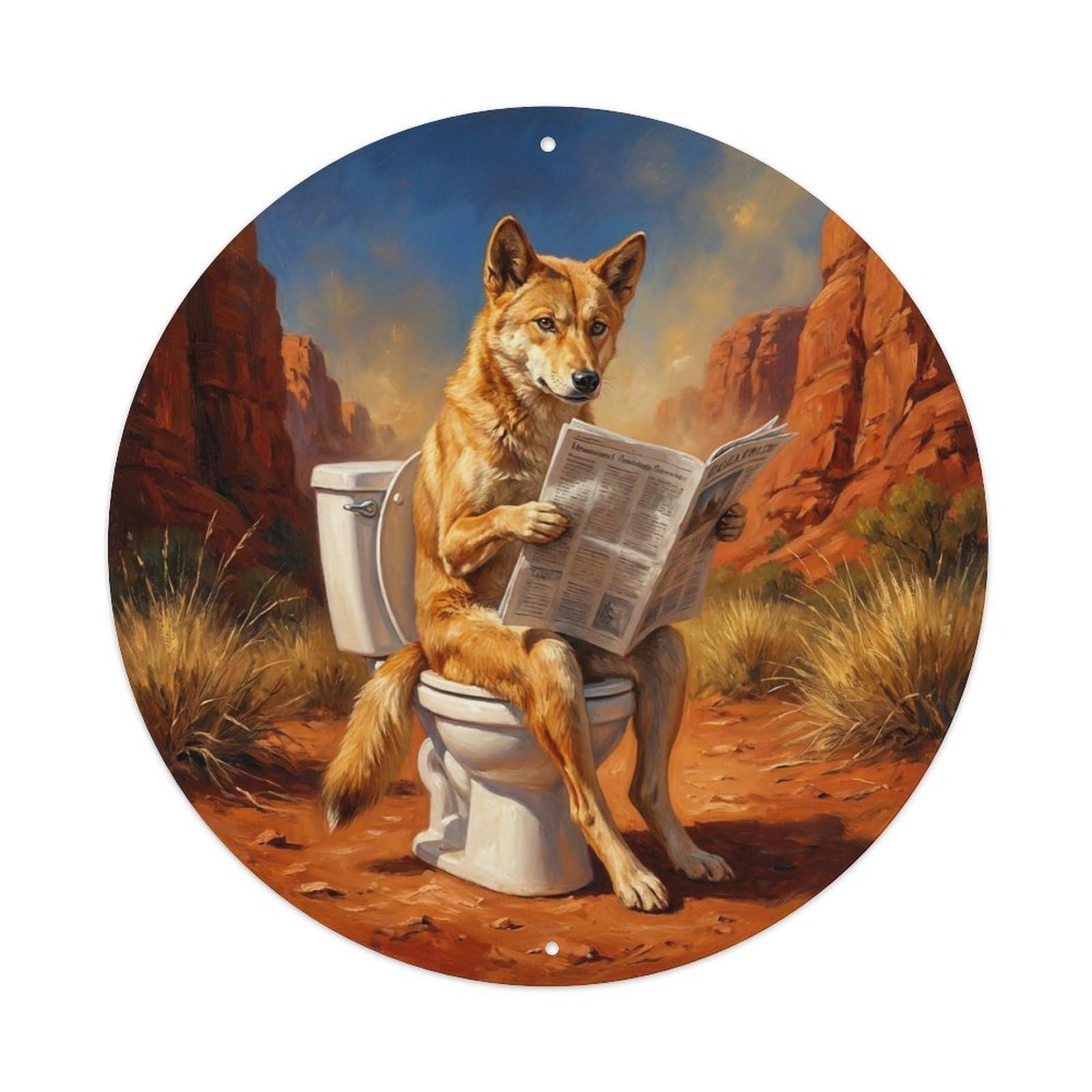 Dingo On Toilet Humorous Bathroom Dusty Outback Trail Metal Tin Sign