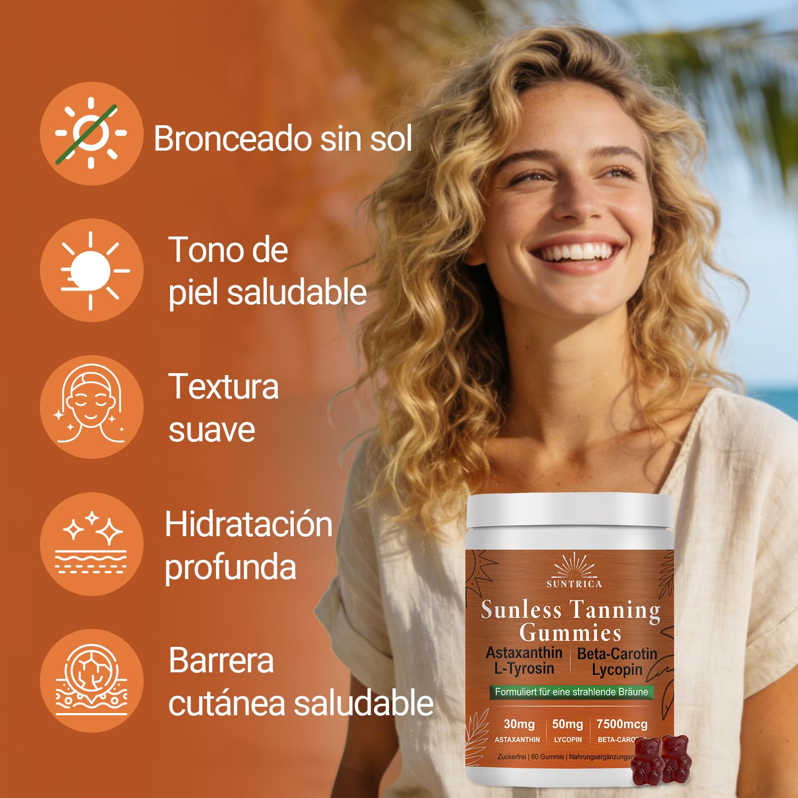 Gummies Bronceadoras Gominolas Autobronceadoras Sin Sol con Betacaroteno, Licopeno, Astaxantina y L-Tirosina - Potenciador de Bronceado - Vegano, Sin Azúcar - 60 Gummies Sabor Piña