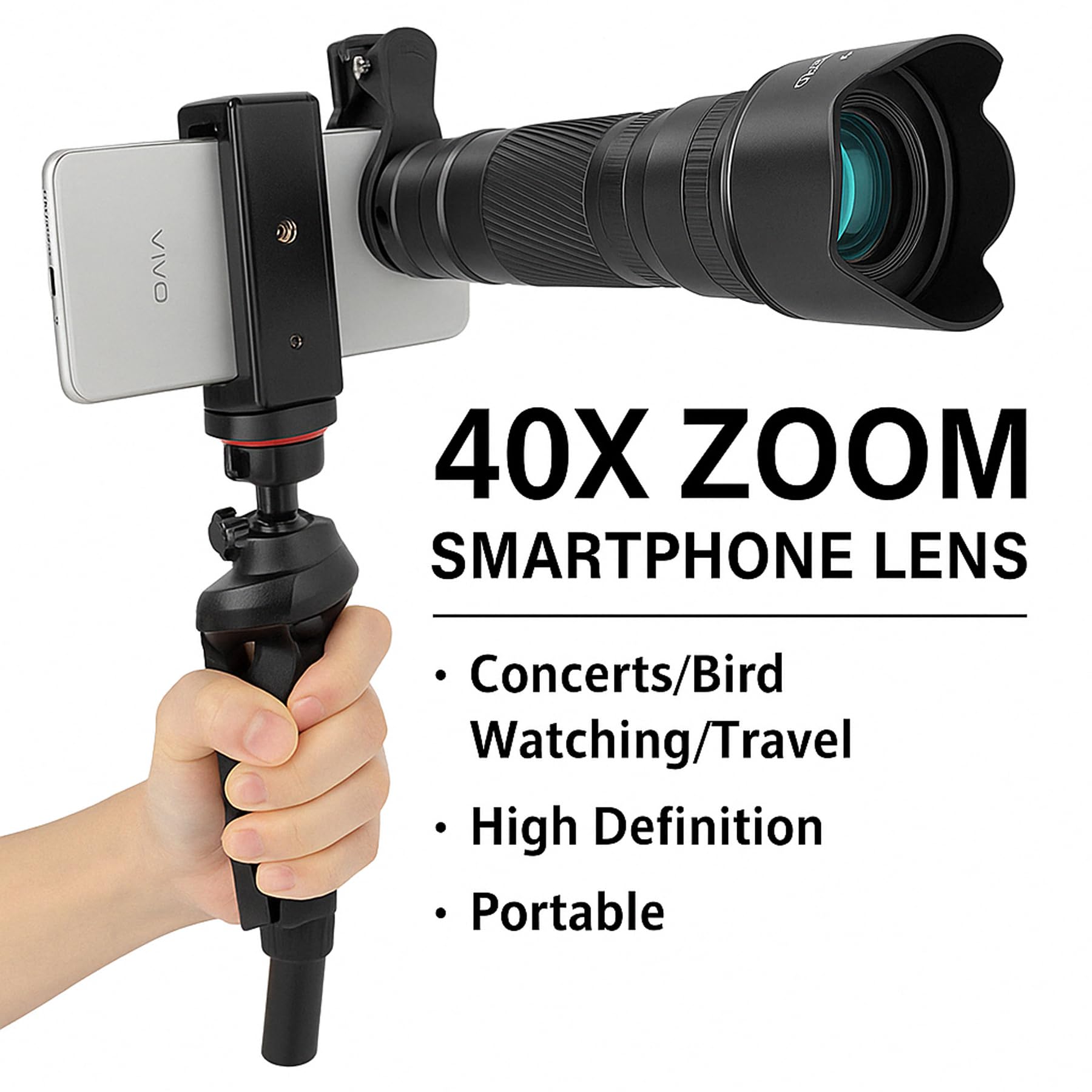Kit de teleobjetivo con zoom 40X para smartphones, lente de cámara HD con trípode, compatible con iPhone Samsung