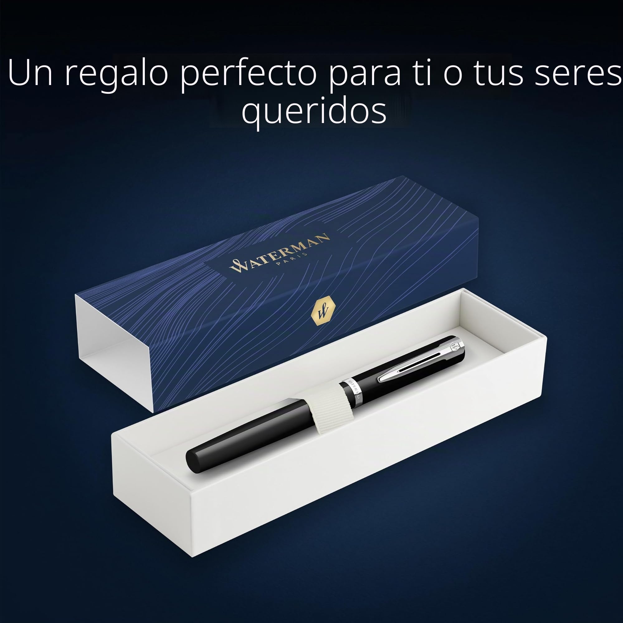 Waterman Impression Pluma estilográfica | Plumín medio con recarga de tinta azul | Laca negra con adornos chapados en paladio | Caja de regalo