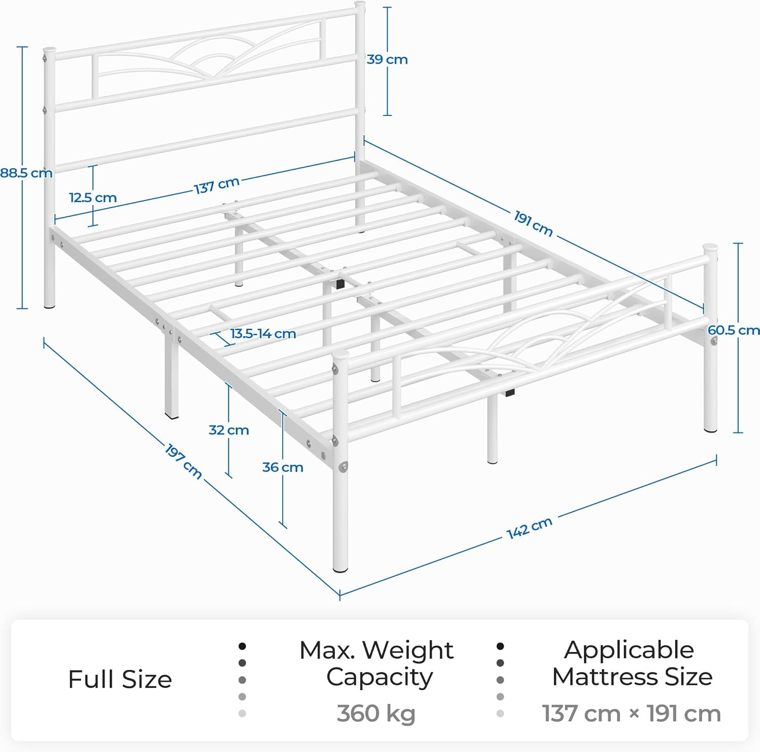 Dimensions diagram for Yaheetech Full Size Metal Platform Bed