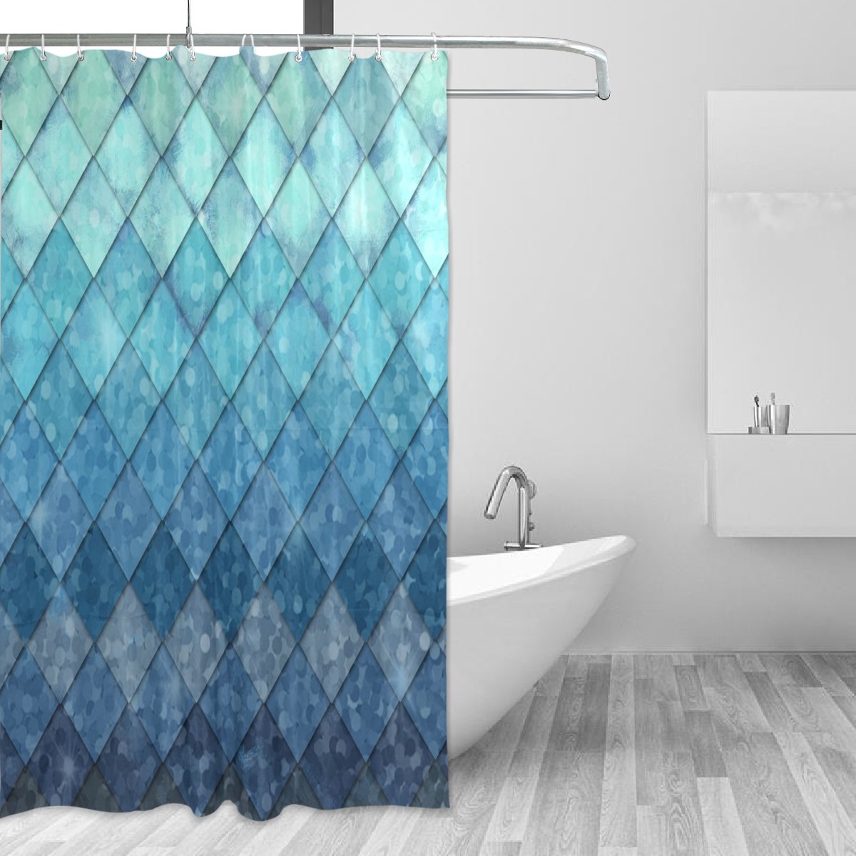 ZOEO Shower Curtain Backdrop Ocean Blue Teal Mermaid Scales Geometric Rhombus Bathroom Home Decor Set Fabric Bridal Polyester Washable Waterproof 12