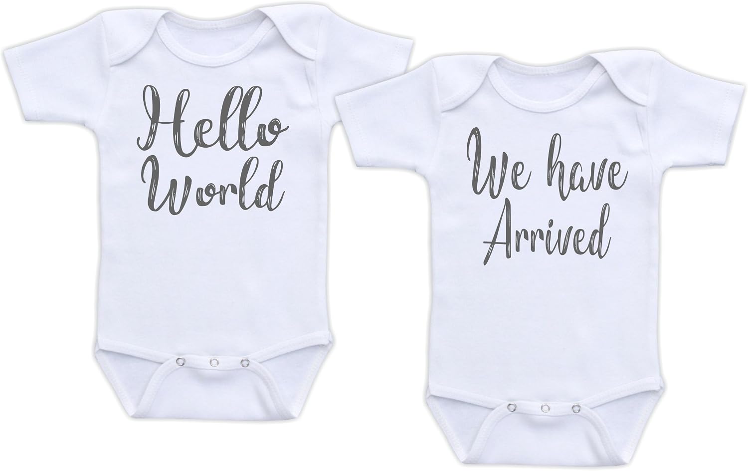 Hello World We Have Arrived - Twin Birth Reveal Outfit (Short Sleeve Cotton Bodysuit Set)