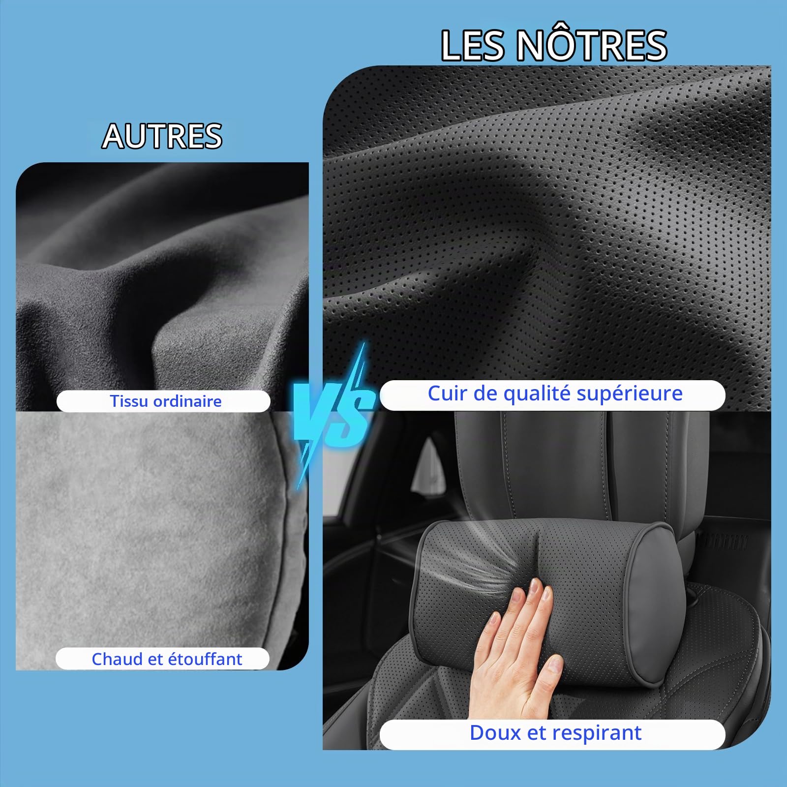 Coussins Appuie Tête Voiture, Support de Nuque D'appuie Repose-Tête Cervical Oreillers de Cou avec Cuir Mousse à Mémoire pour Le Siège d'Auto Conduite Passager Voyage, Noir, 2 Pièces