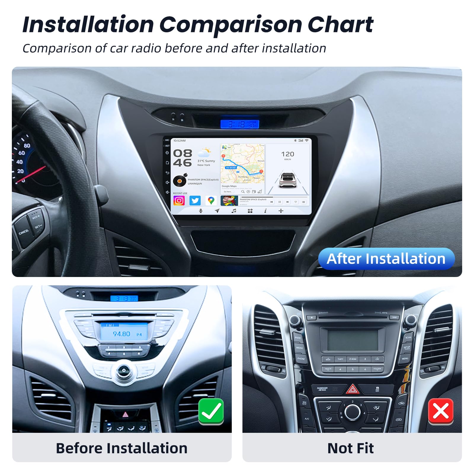 8 Core 4GB+32GB Car Radio Stereo for Hyundai Elantra 2011 2012 2013 : 9 Inch 1280x800 Touchscreen Head Unit Stereo with Wireless Carplay Andriod Auto Backup Camera GPS FM SWC