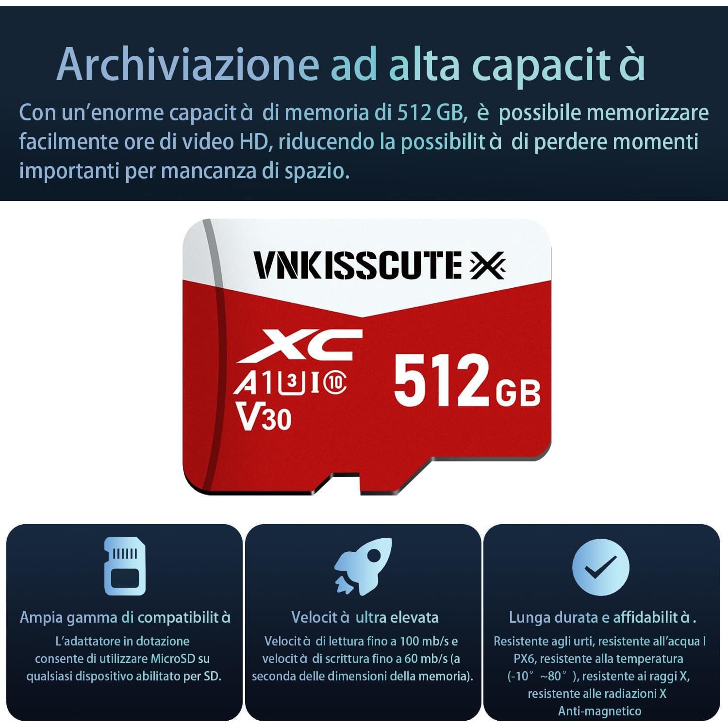 Scheda Di Memoria Micro SD Da 512 GB | Classe 10, U3, V30 | Impermeabile, Resistente | Compatibile Con Smartphone, Fotocamere, Droni, Console