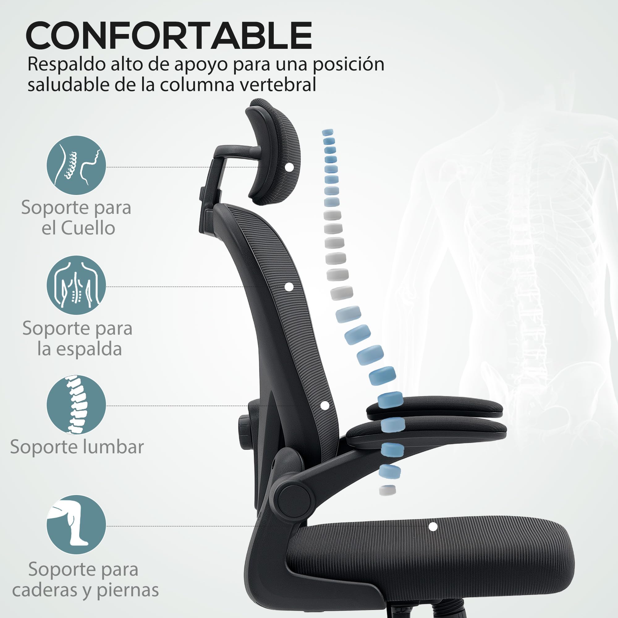HOMCOM Silla de Oficina Giratoria de Malla Transpirable 120 kg Negro | Silla de Escritorio, Altura Ajustable, Reposacabezas y Soporte Lumbar Ajustables, Silla de Despacho Basculante