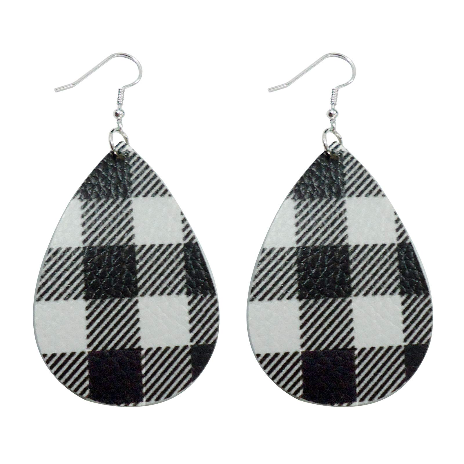 ROSTIVO Christmas Earrings for Women Buffalo Plaid Earrings Cute Leather Earrings Teardrop Danlge Earrings Holiday Earrings (Black and White)
