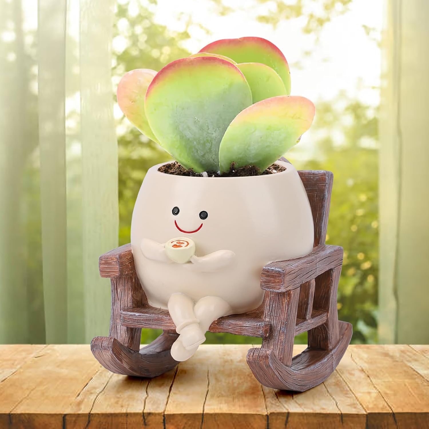 Smily Face Planter Pots for Indoor Plants, Cute Resin Flower Head Planters, Rocking Chair Succulent Flower Pots with Drainage Hole, Gift IdeaI for Birthday 4.7x4.1x2.9 Country Rustic