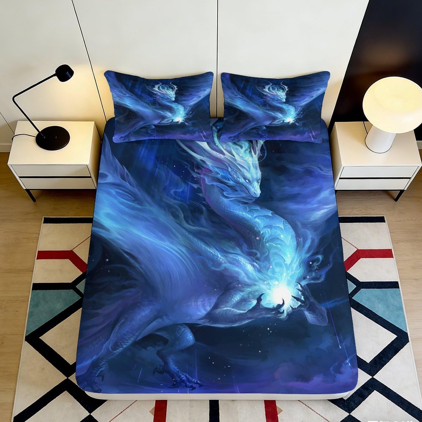 3D Printed Blue Dragon Fitted Sheet Microfiber Deep Pocket Bedroom Bedding Blue Dragon Mattress Fitted Cover Non-Slip Wrap Washable 140x200x25cm