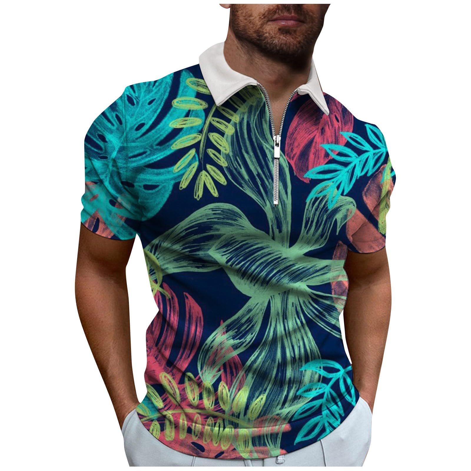 Lmzaren Men's Summer Short Sleeved T-Shirt Fashion Casual Color Matching Tees Blouses Loose Comfortable Zip Neck Shirt