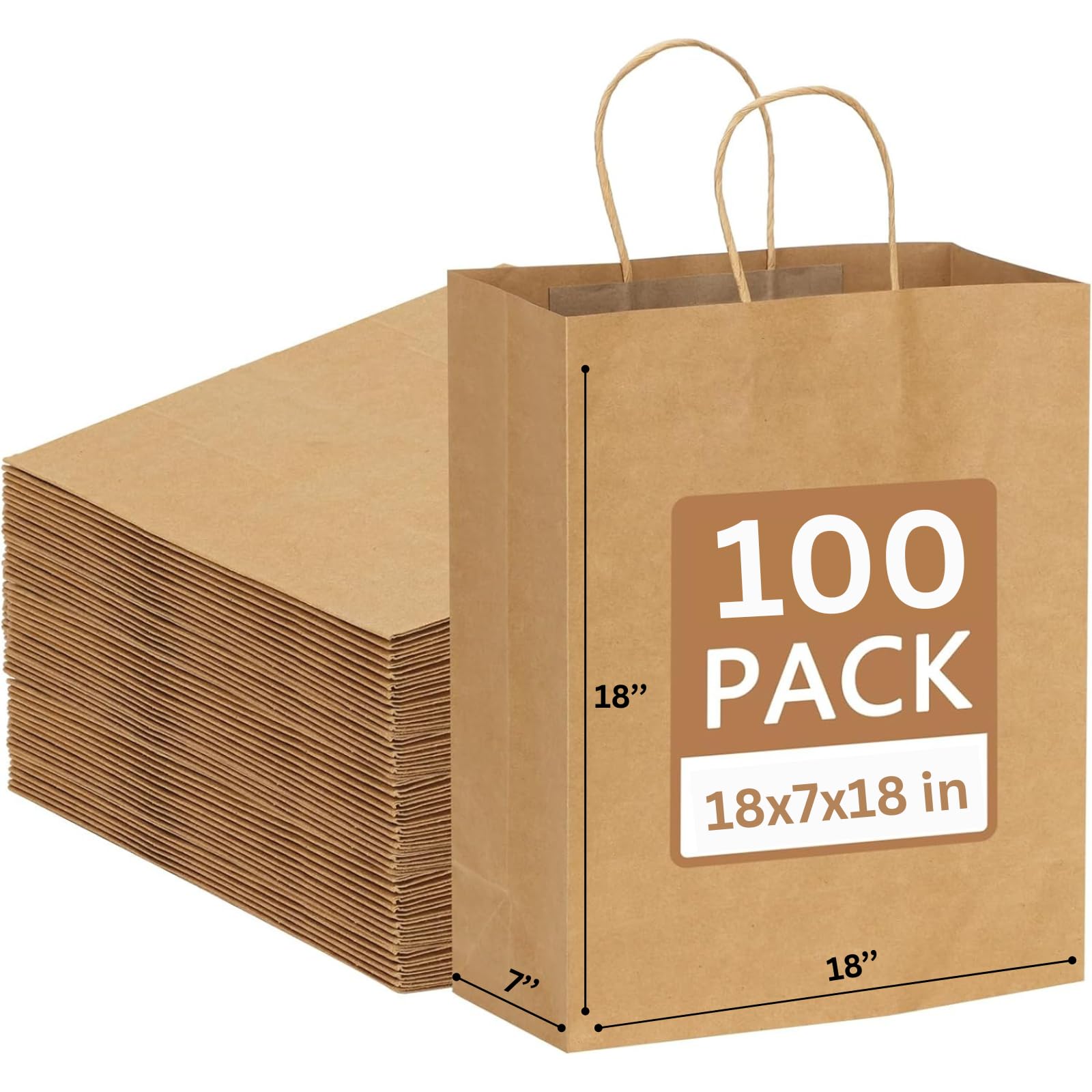 JET PAPER BAGS - 18”x7”x18” Inch Large Brown Paper Bags with Handles Prime (100, Brown (18” x 7” x 18”))