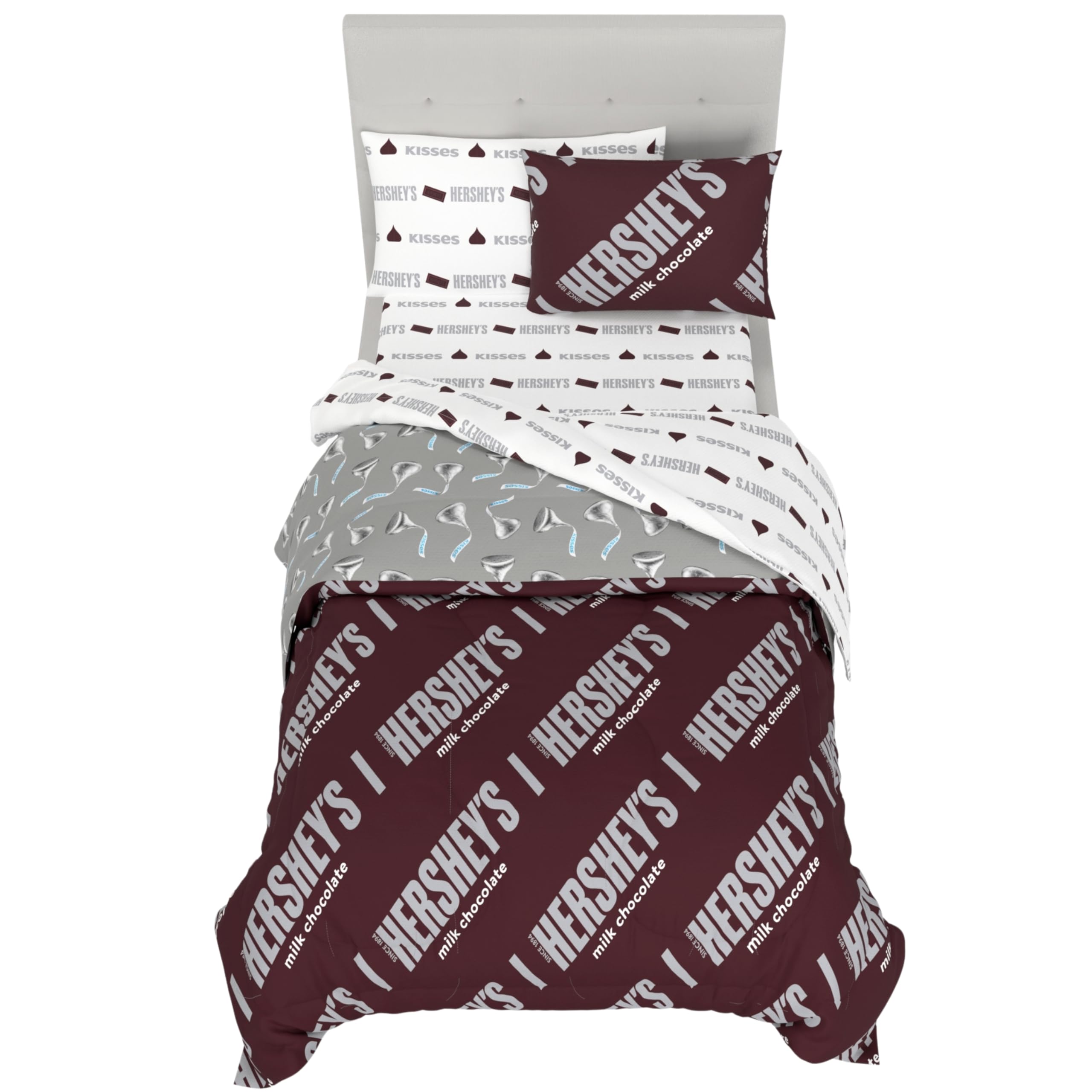 Hershey's Kisses Milk Chocolate Bedding Set, Twin Size 5 Piece Comforter and Sheet Set with Sham, (Officially Licensed Product) by Franco