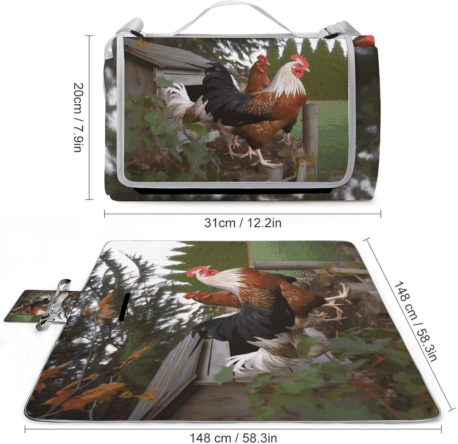 Backyard Chickens Waterproof Picnic Blanket 58.3''x58.3'',Portable and Foldable Picnic Mat with Handle,Outdoor Blankets for Lawn Park Beach Travel