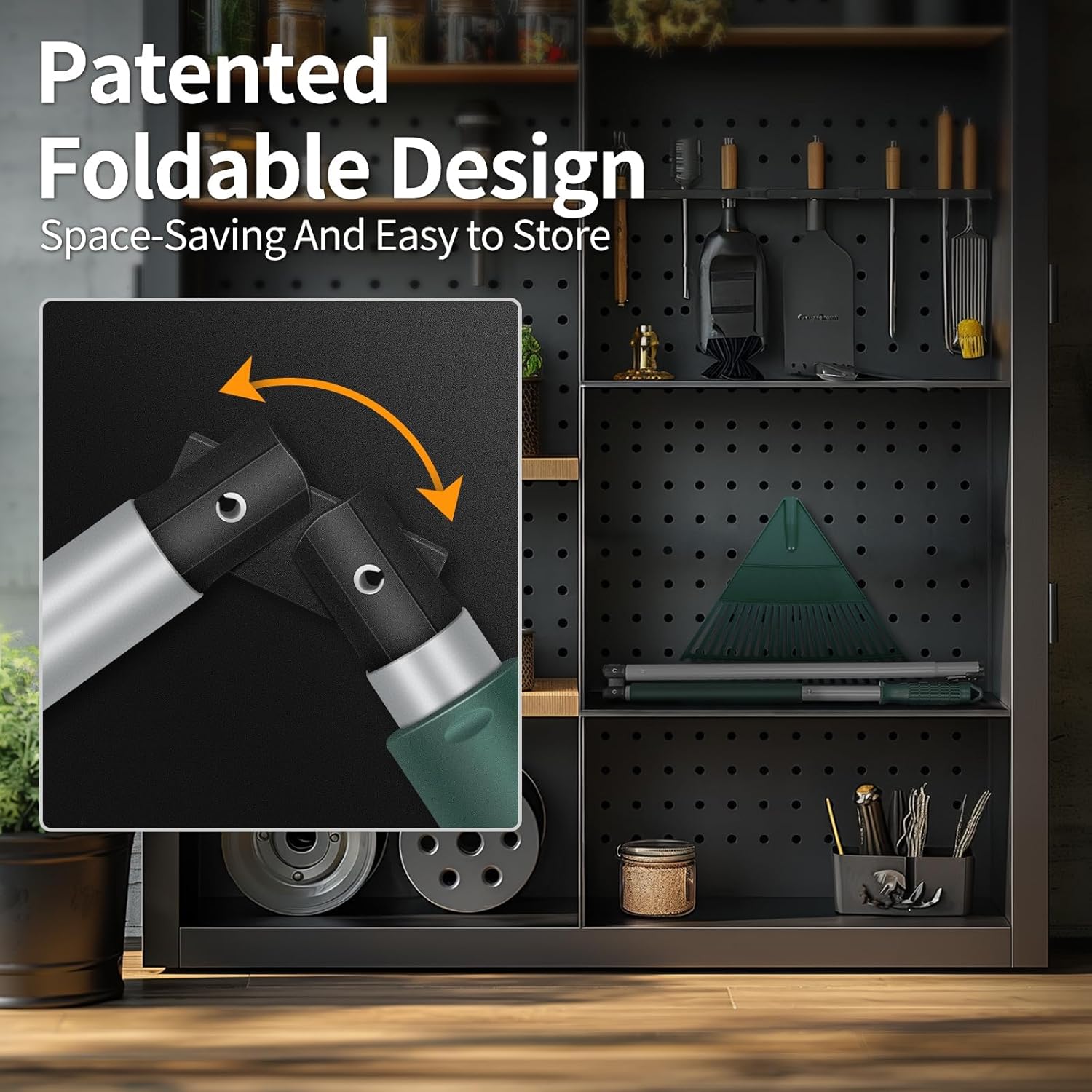 Garden Leaf Rake, 60" Garden Rakes with Foldable Lightweight Steel Handle, 22 Tines Plastic Head Shrub Rake, Folding Yard Garden Rake for Lawns, Grass, Flower Beds Leaves Cleaning, Silver & Green