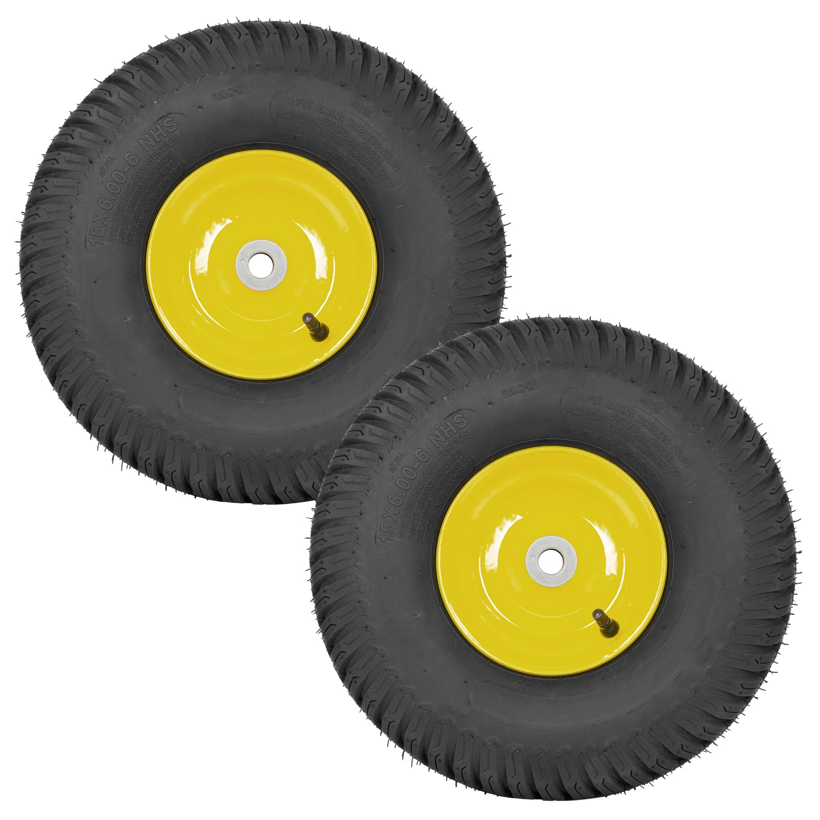 Conjunto de neumáticos y ruedas sin cámara de 15 x 6.00-6, neumáticos delanteros de repuesto para cortacésped, compatible con cortacéspedes John Deere serie 100 y 300, buje de desplazamiento de 3